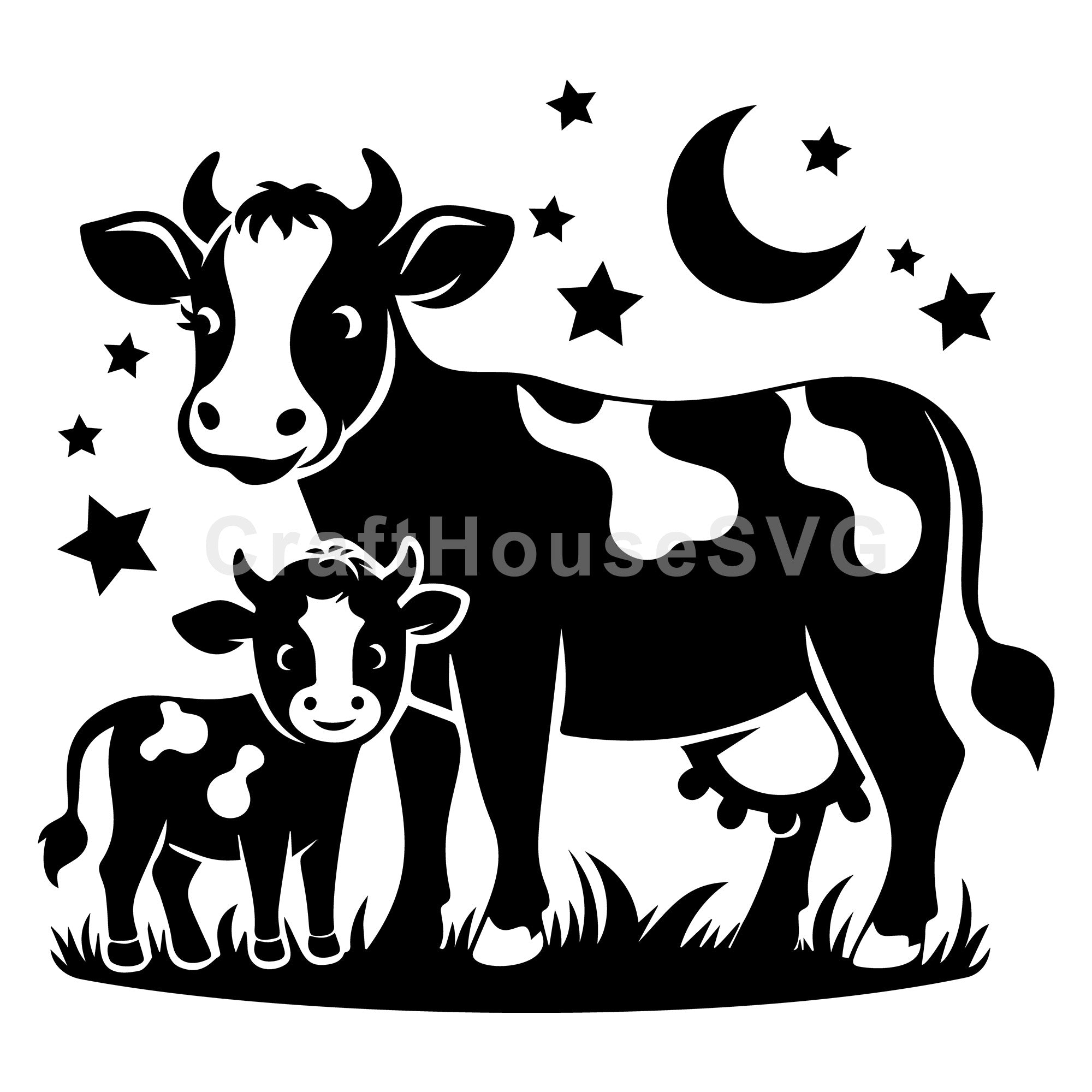 Cow And Calf Under Moon And Stars SVG