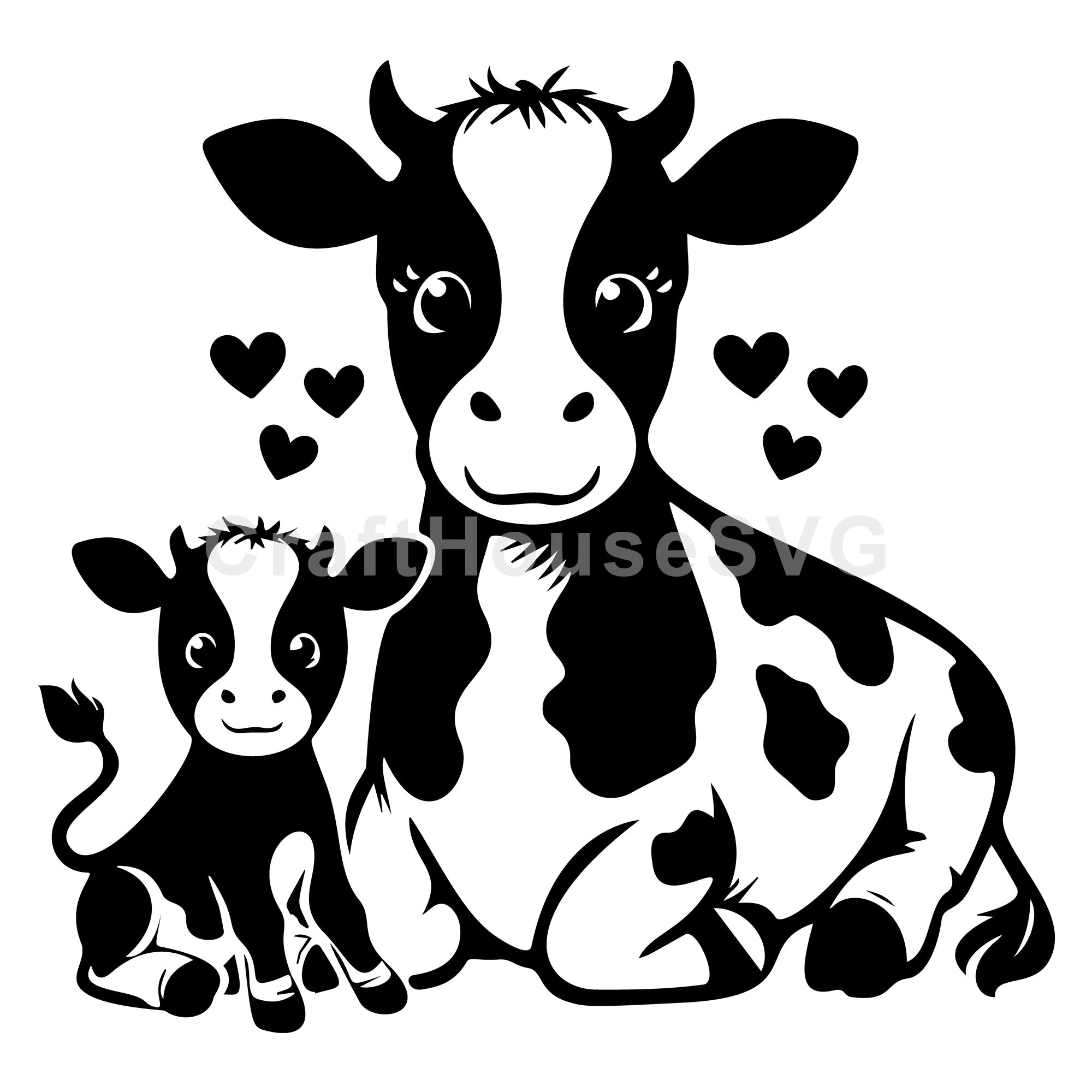 Seated Cow And Calf With Hearts SVG