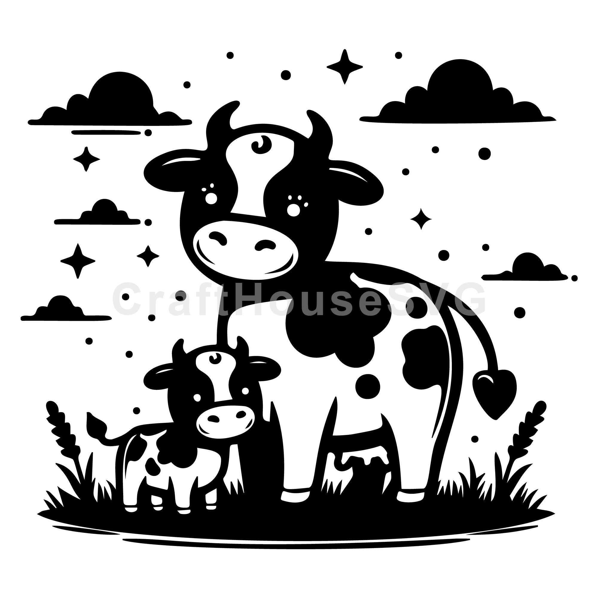 Cow And Calf In Night Sky SVG