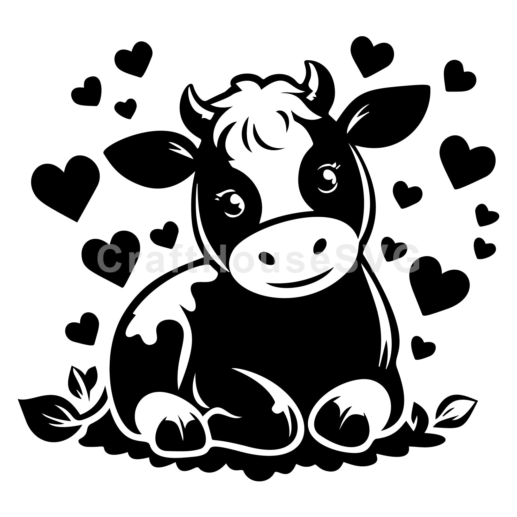 Happy Cow Surrounded By Hearts SVG