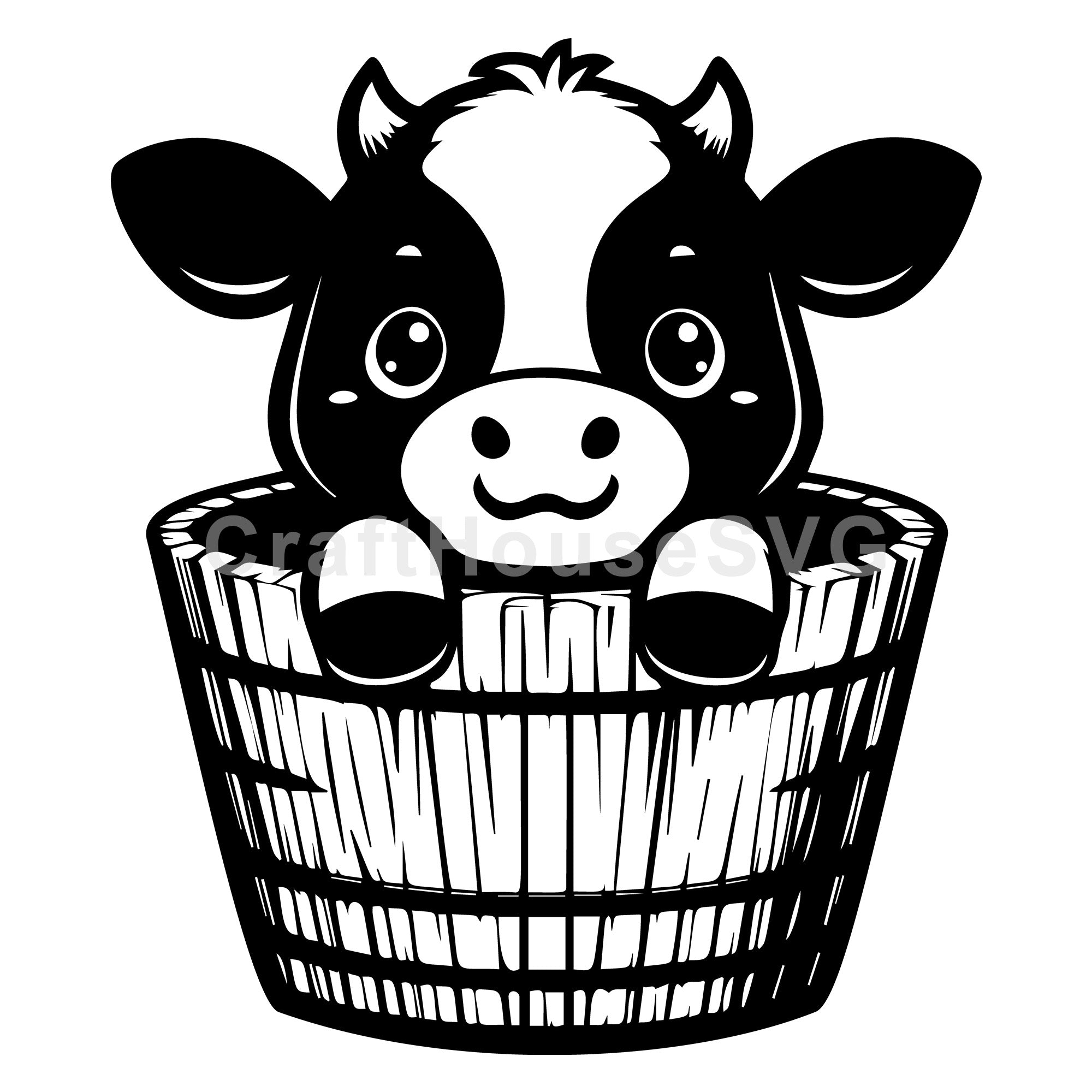 Smiling Cow In Wooden Bucket SVG