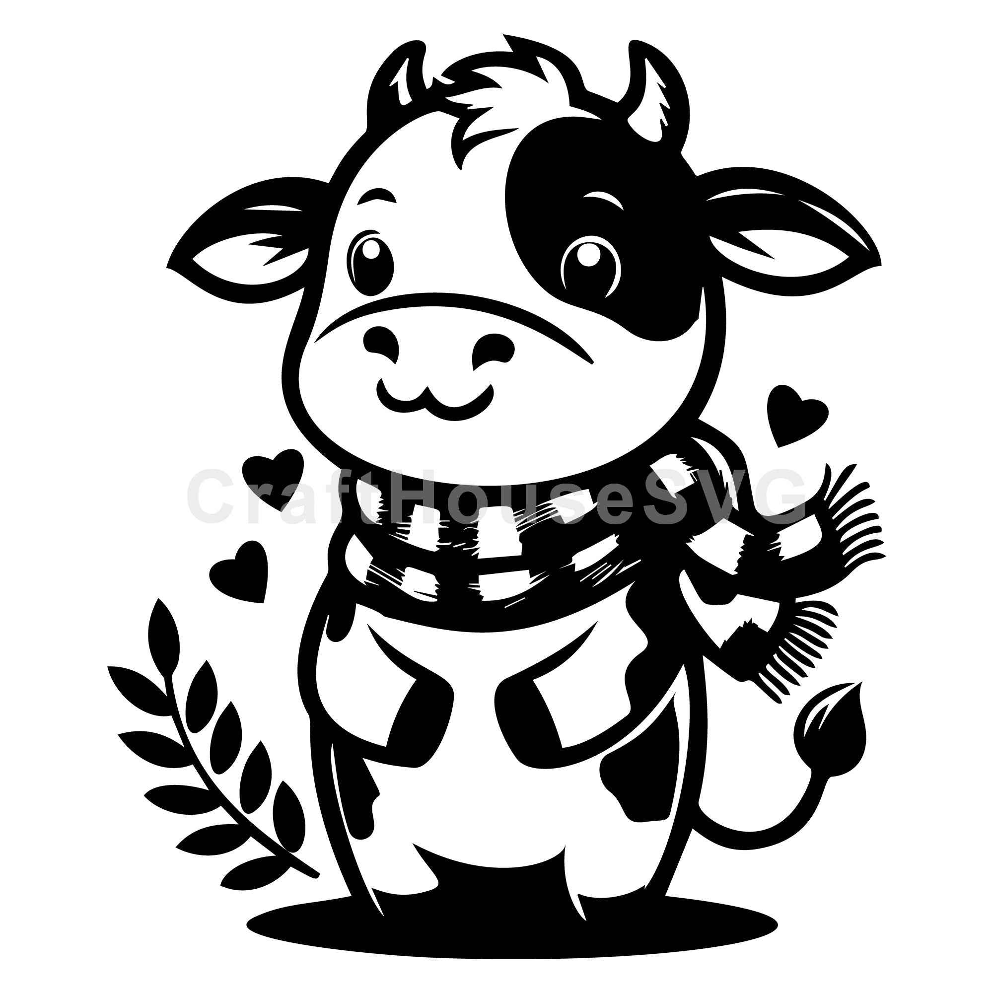 Cow with Scarf and Hearts SVG