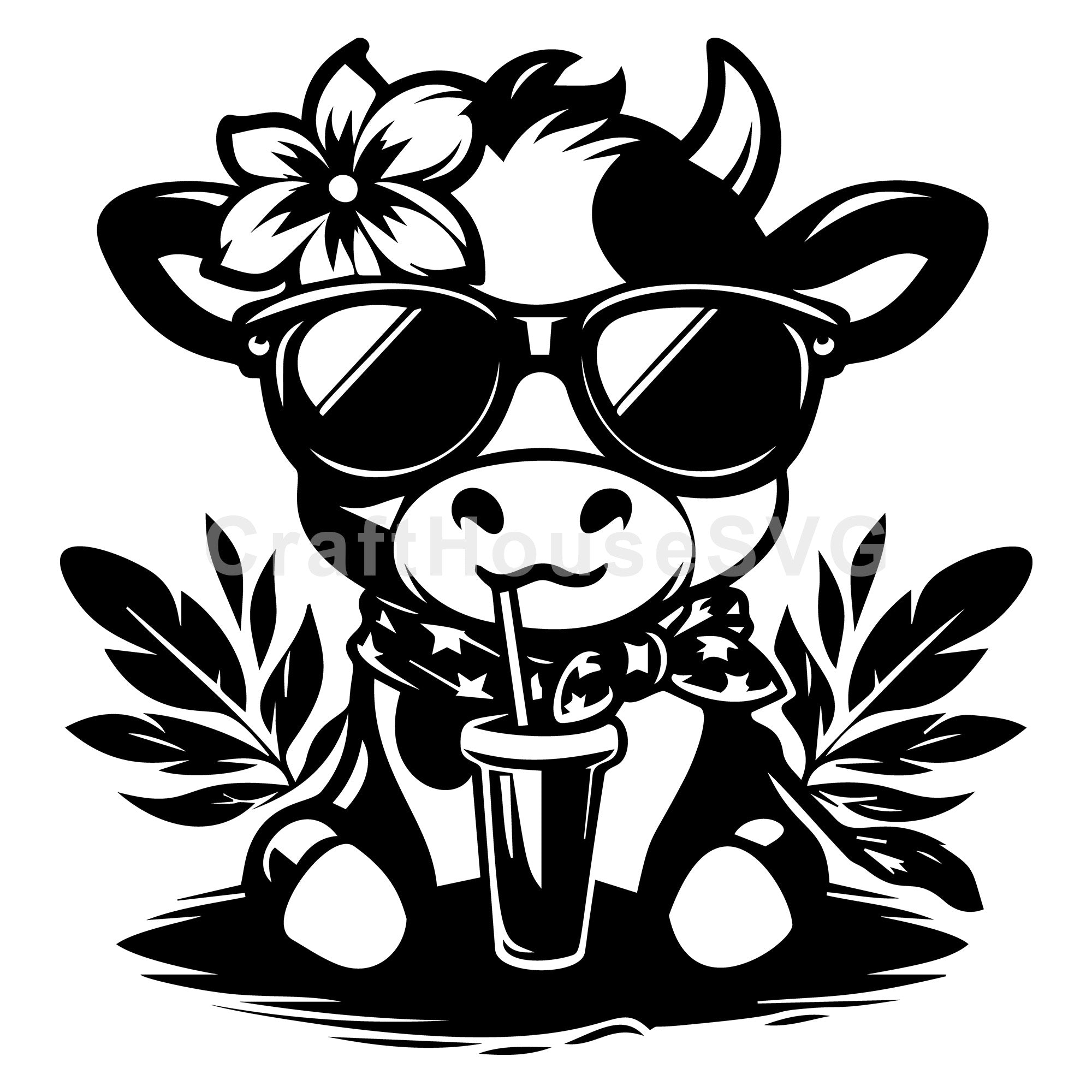 Tropical Heifer Sipping Drink With Flower SVG