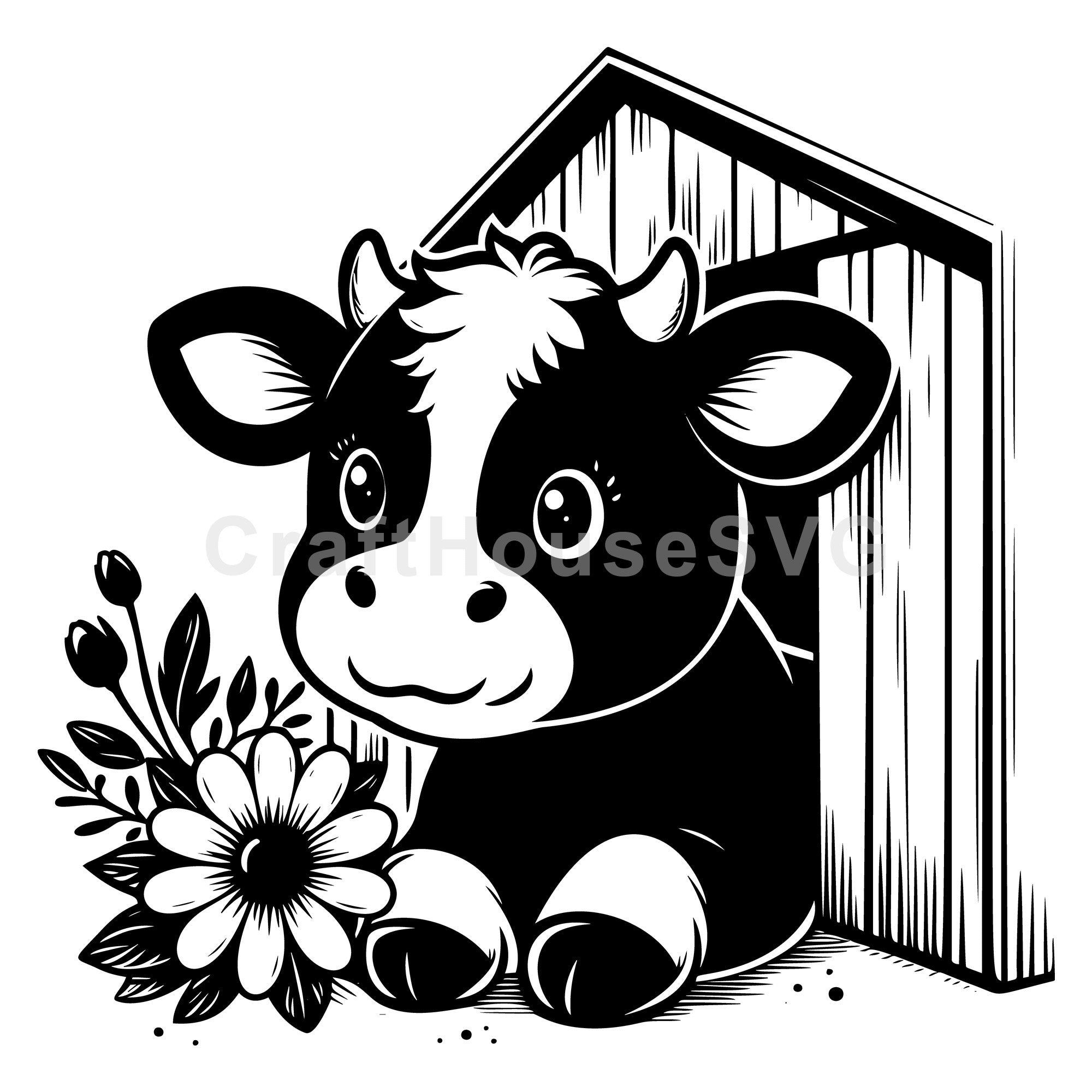 Cow with Flowers and Barn SVG