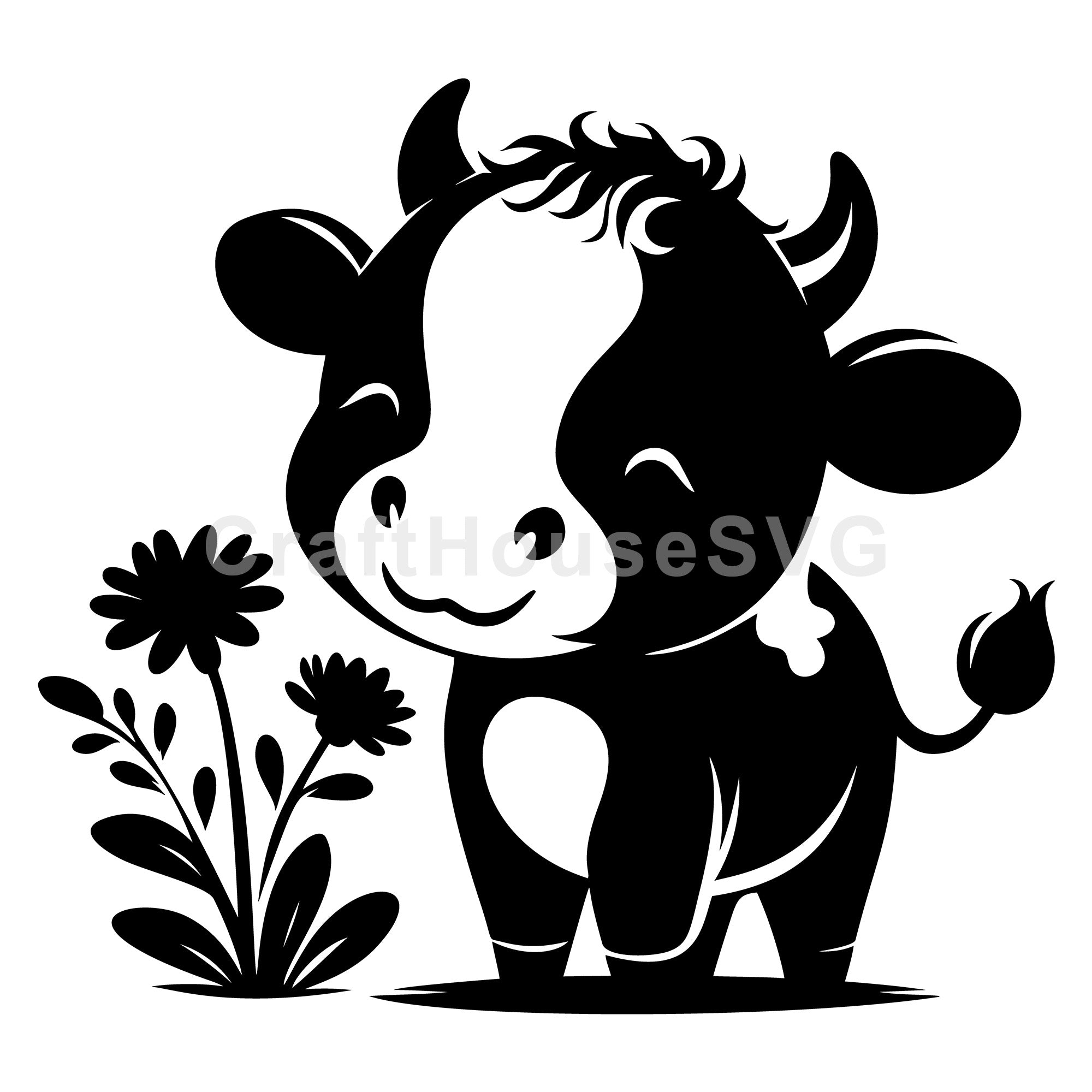 Happy Cow Standing with Flowers SVG