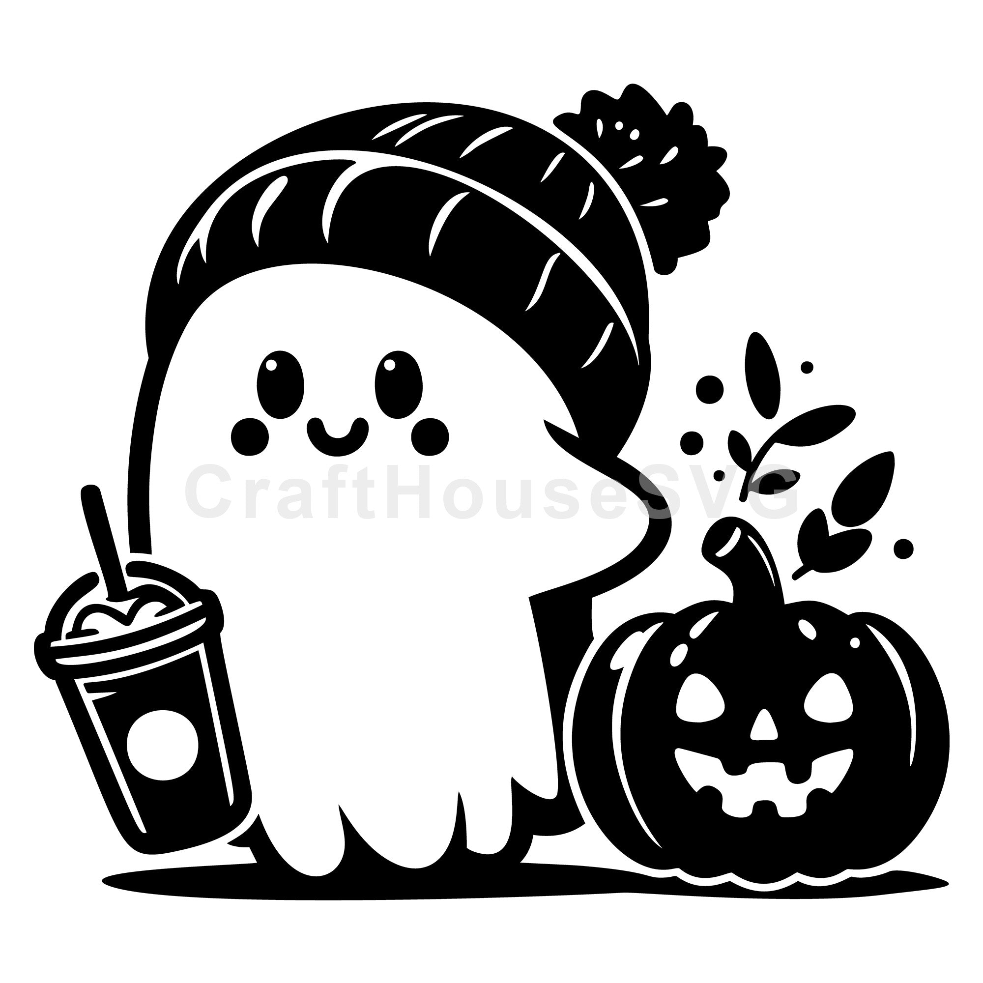 Ghost with Pumpkin and Holding Drink SVG