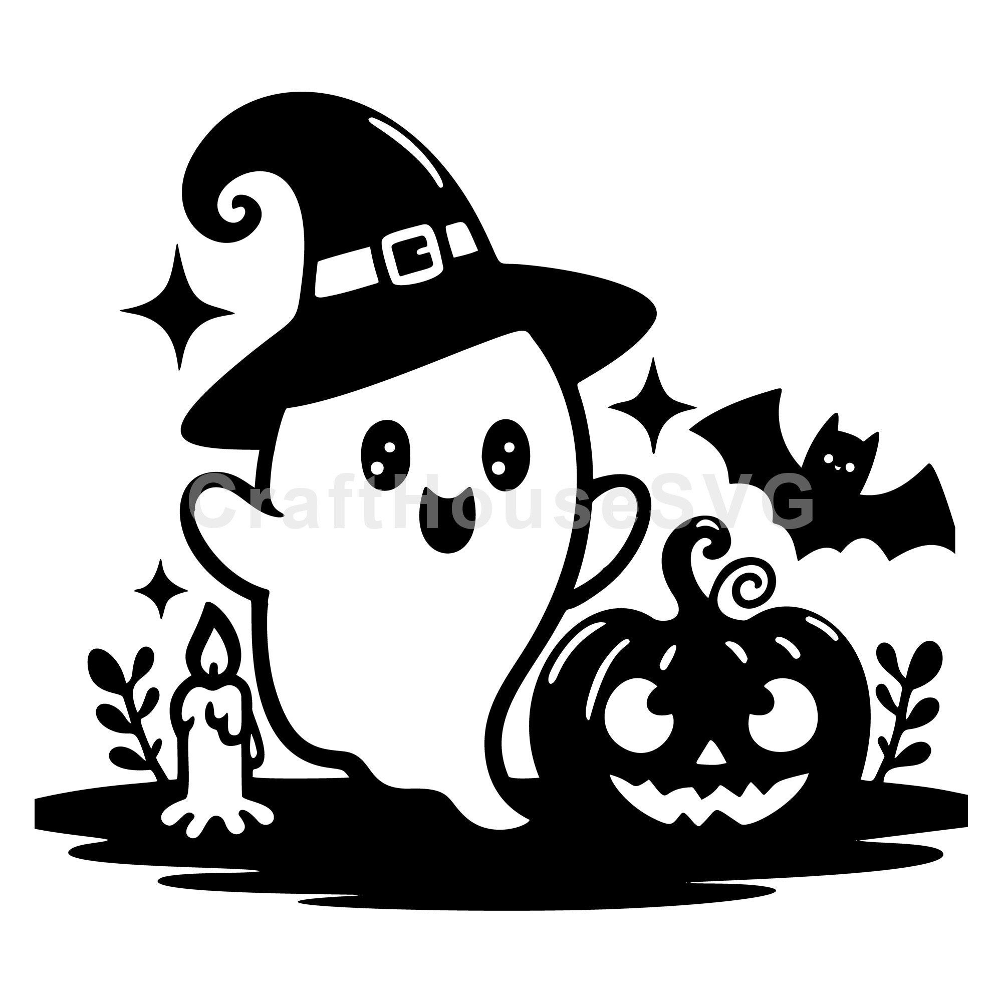 Ghost with Pumpkin and Flying Bat SVG