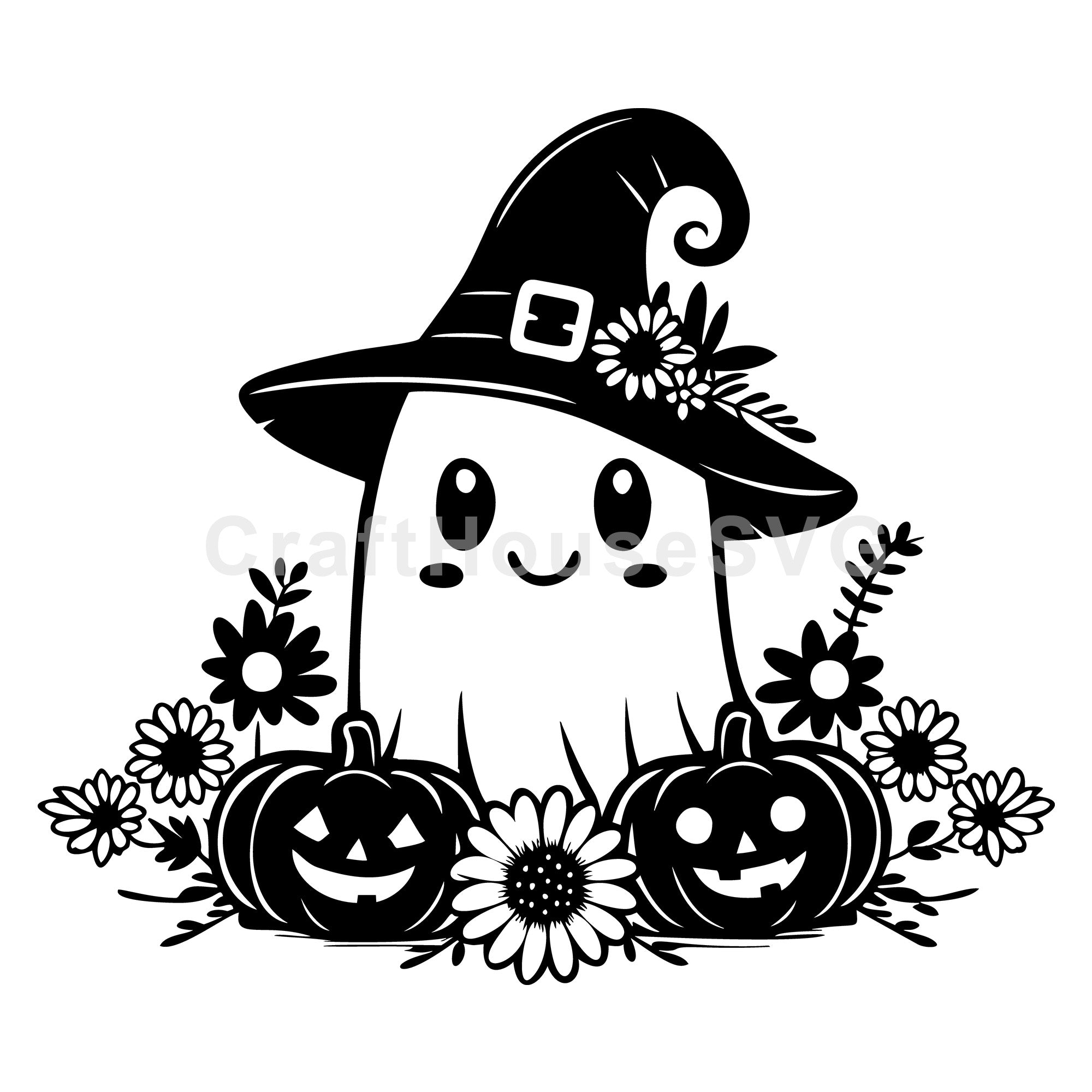 Witch Ghost with Pumpkins and Flowers SVG