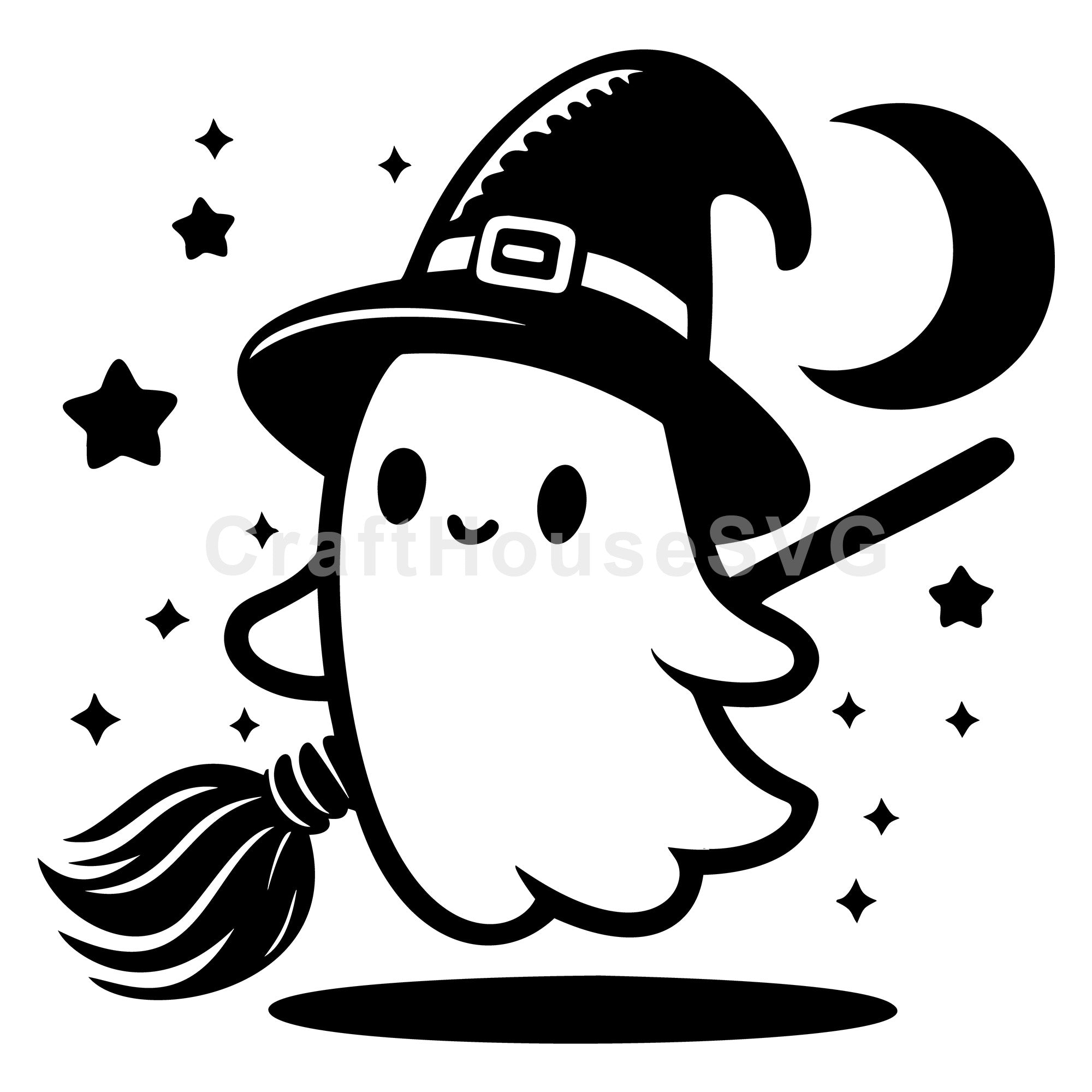 Witch Ghost with Moon and Stars SVG