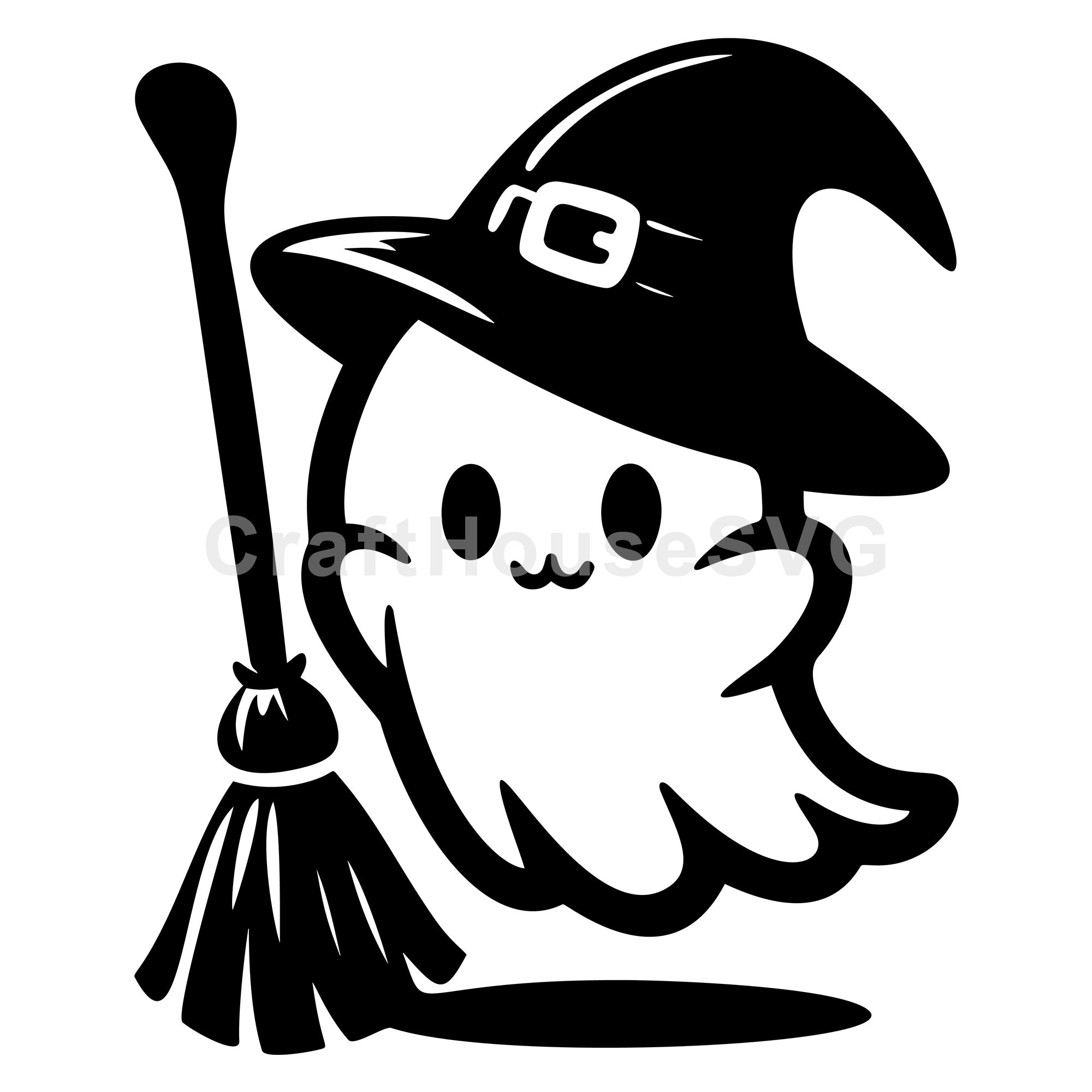 Cute Witch Ghost with Broomstick SVG