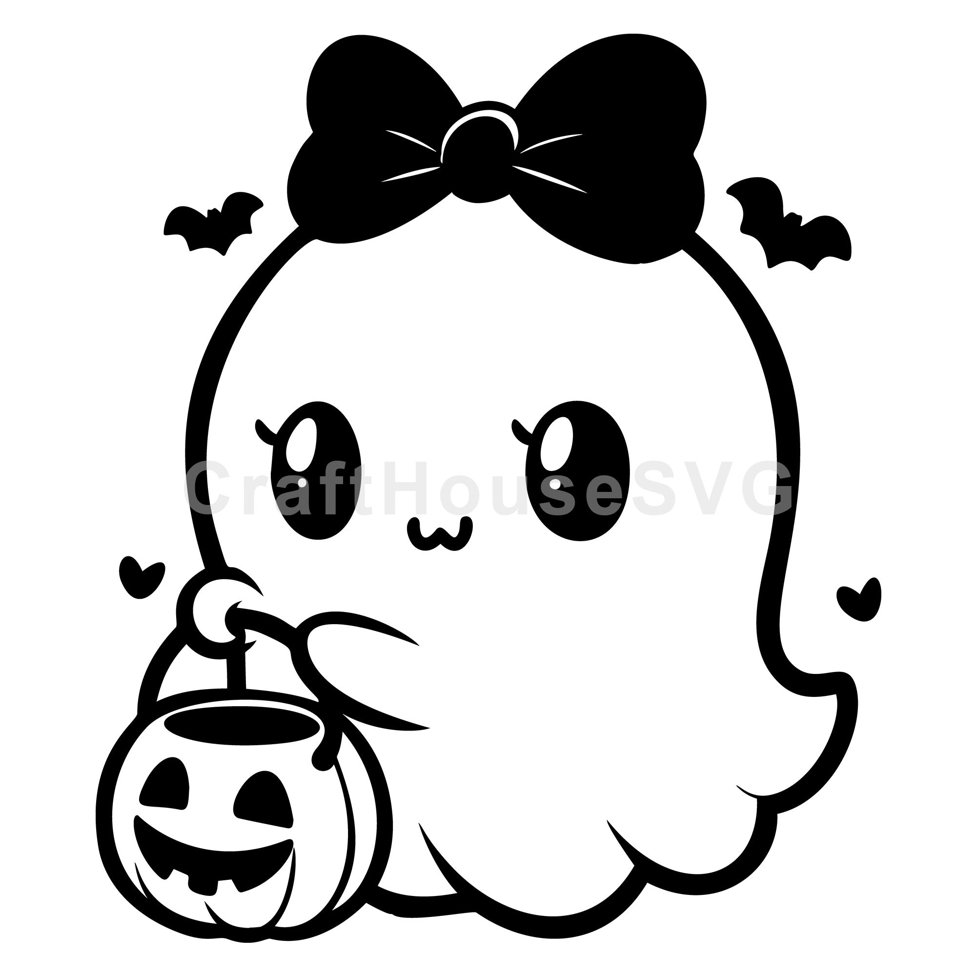 Ghost with Pumpkin Bucket and Bow SVG