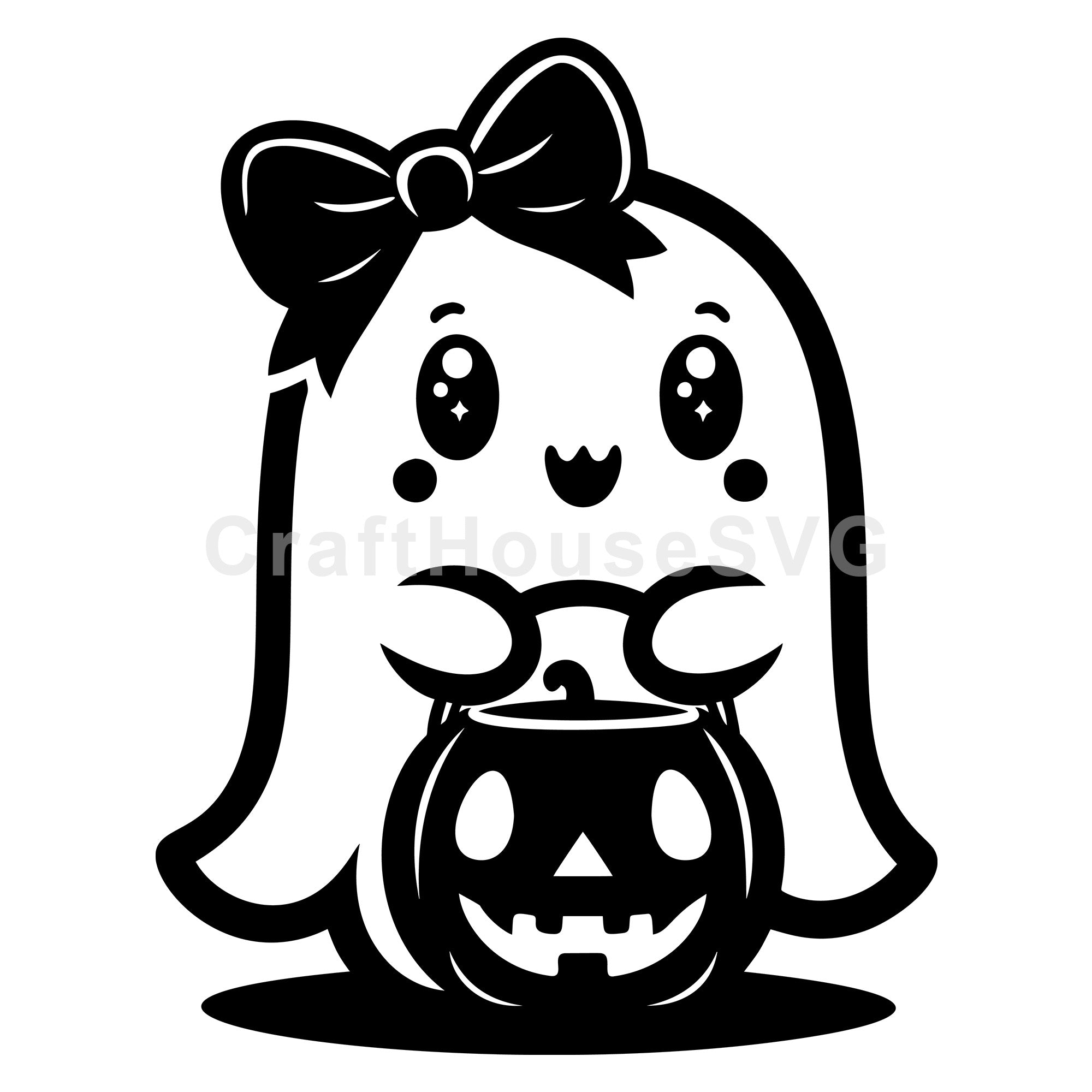 Ghost with Trick or Treat Bucket and Bow SVG