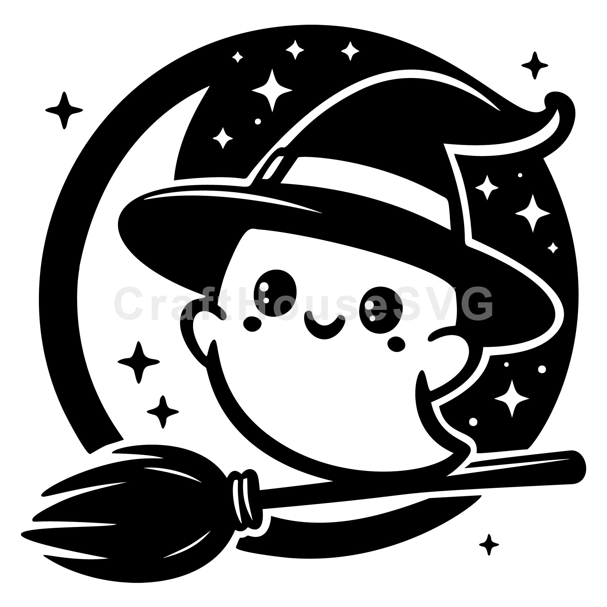 Witch Ghost with Broom and Moon SVG