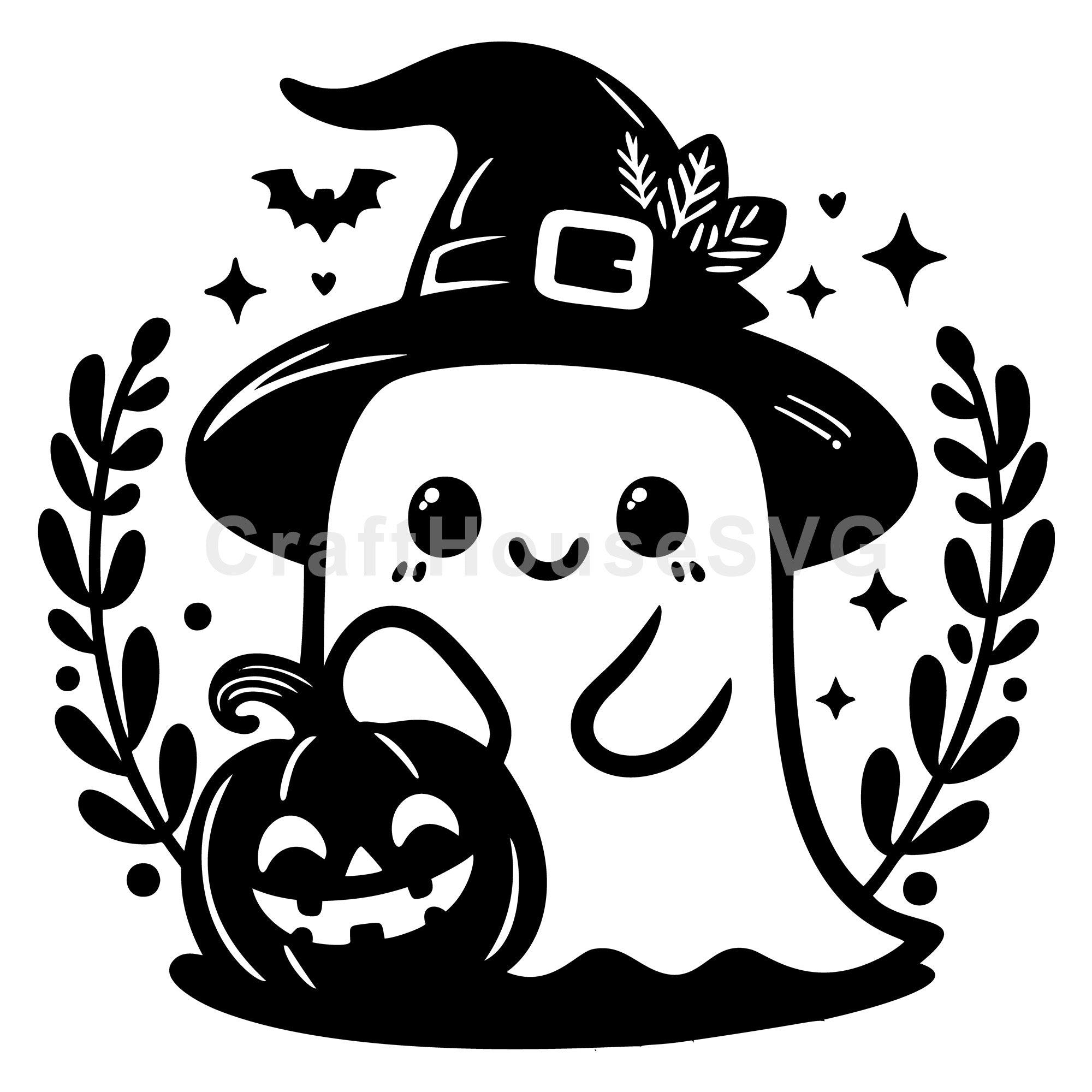 Witch Ghost with Pumpkin and Leaves SVG