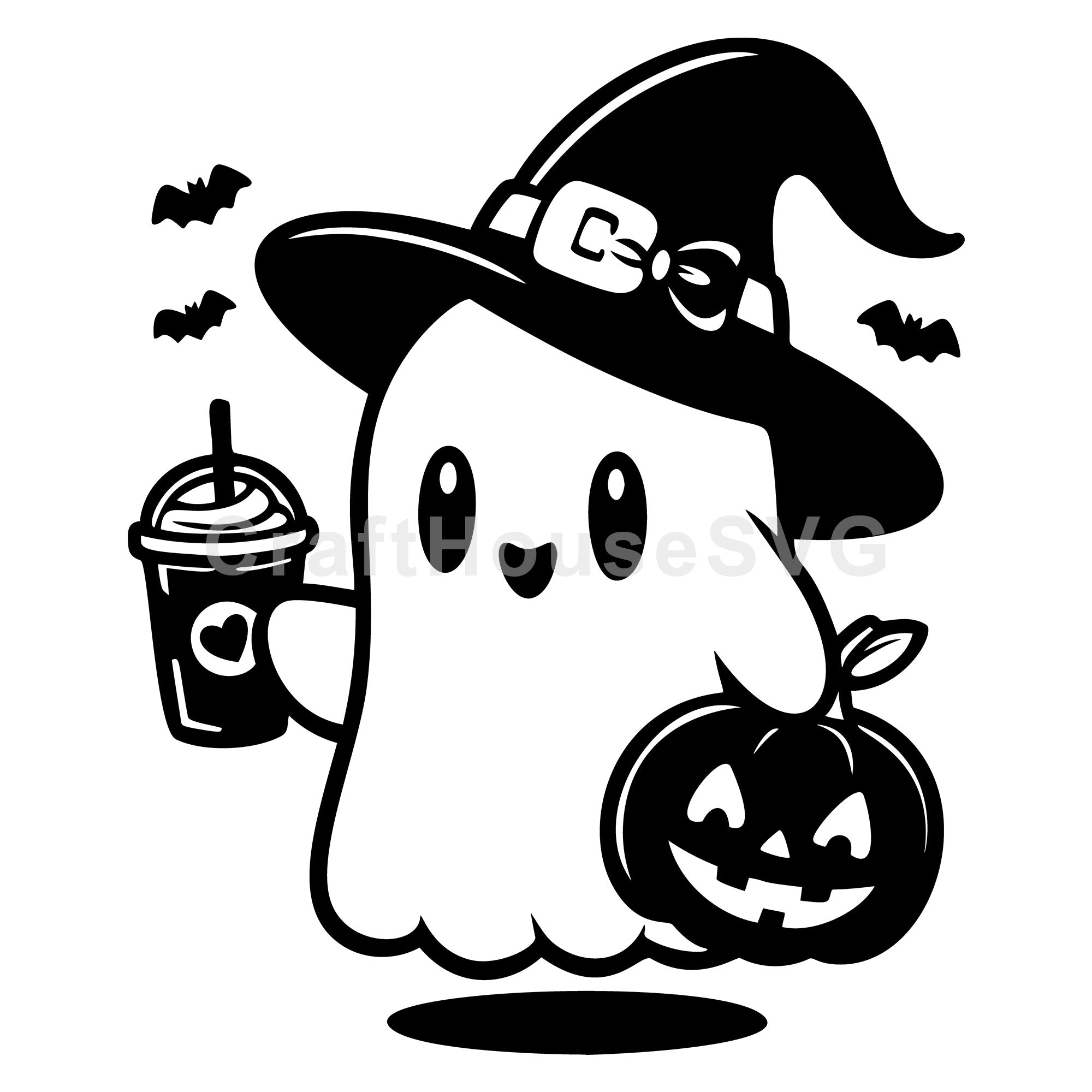 Witch Ghost with Pumpkin and Coffee SVG