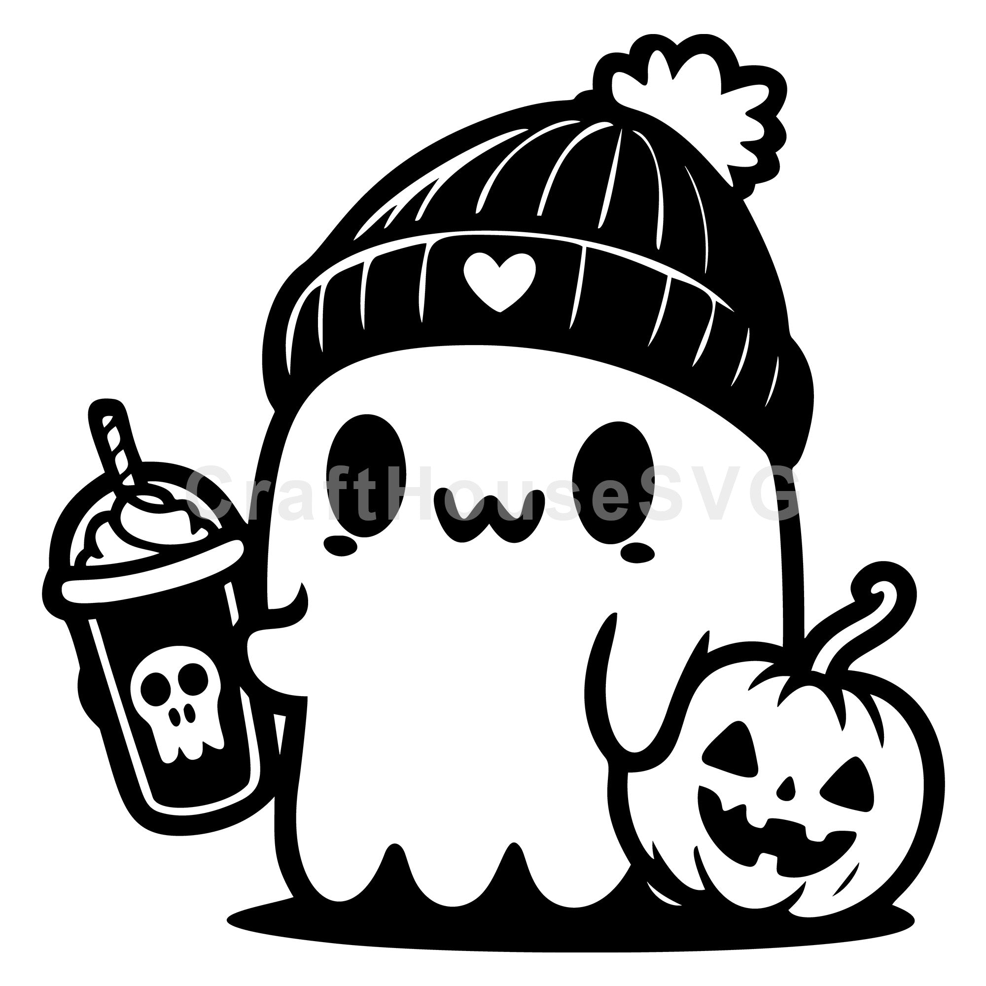 Cute Ghost with Drink and Heart Beanie Hat SVG