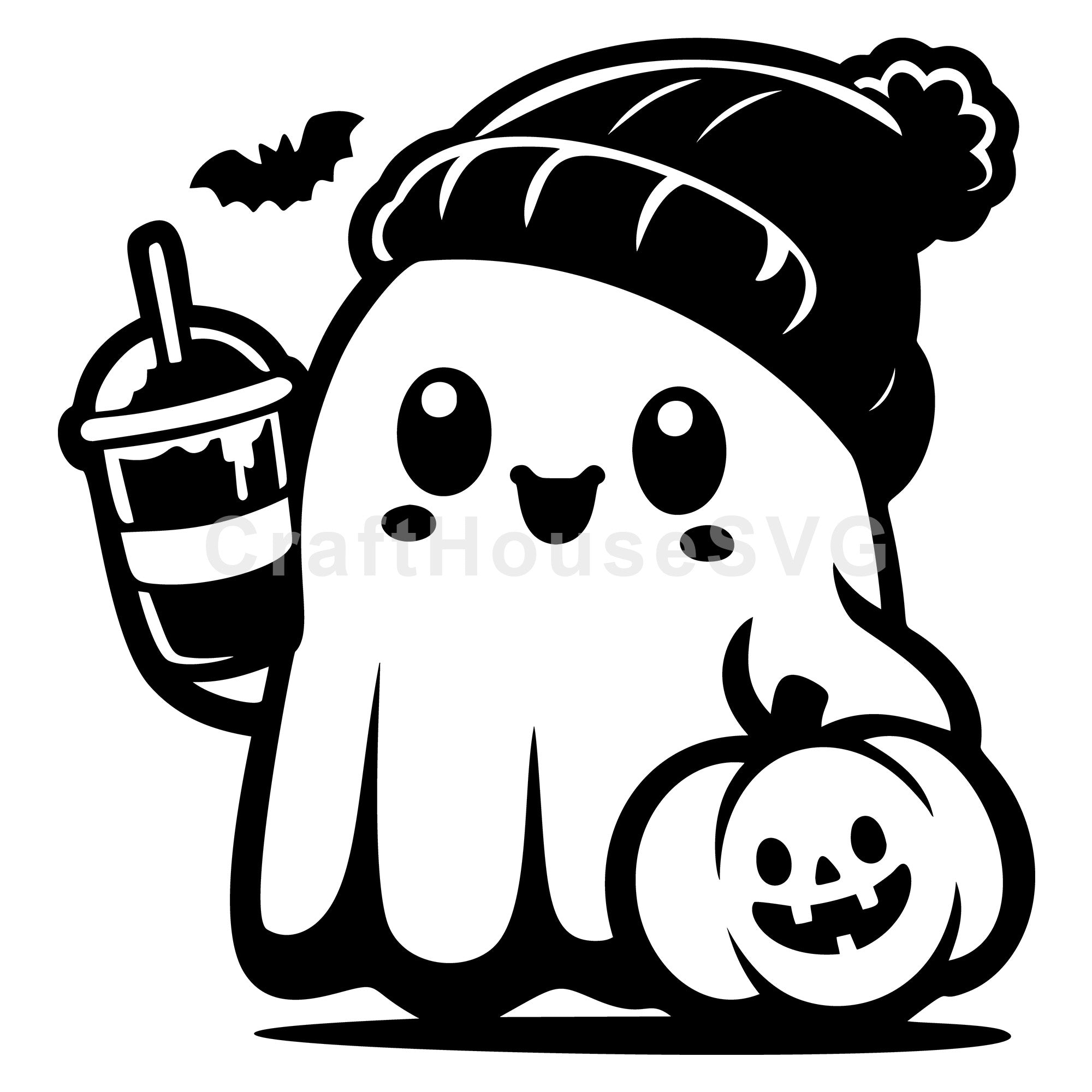 Cute Ghost with Coffee and Beanie SVG