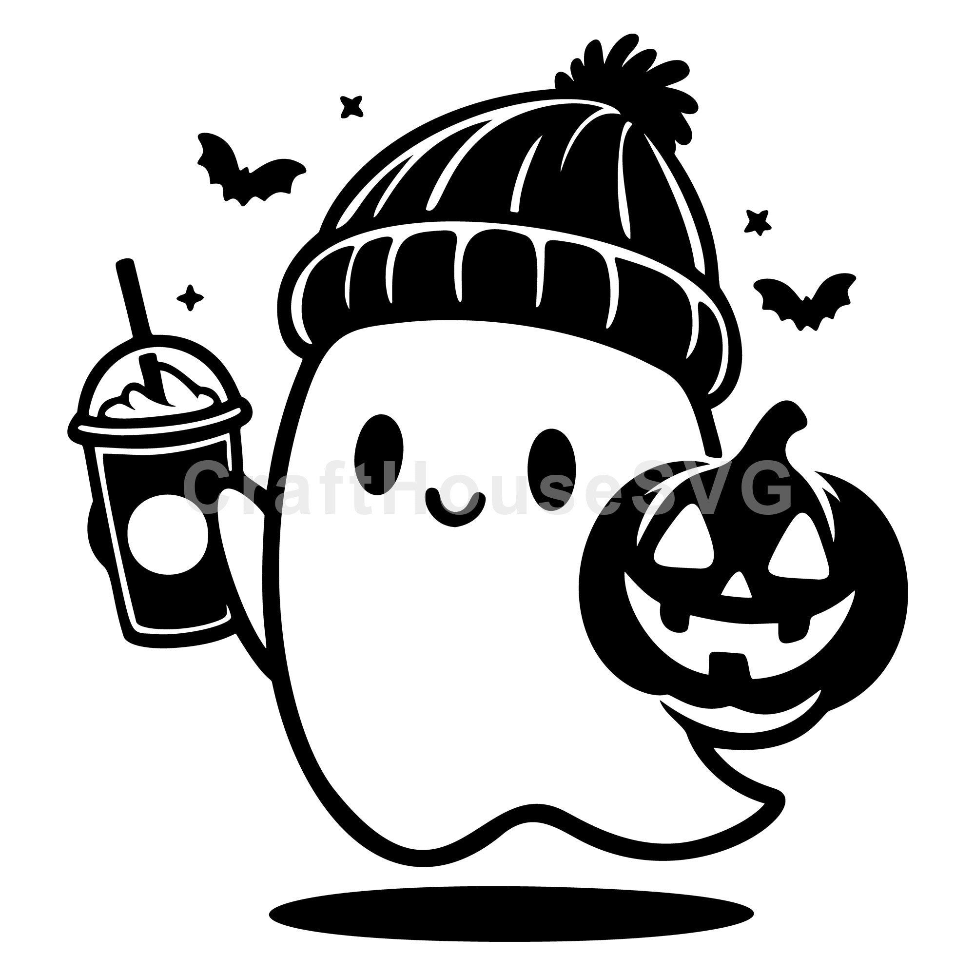 Beanie Ghost with Pumpkin and Drink SVG