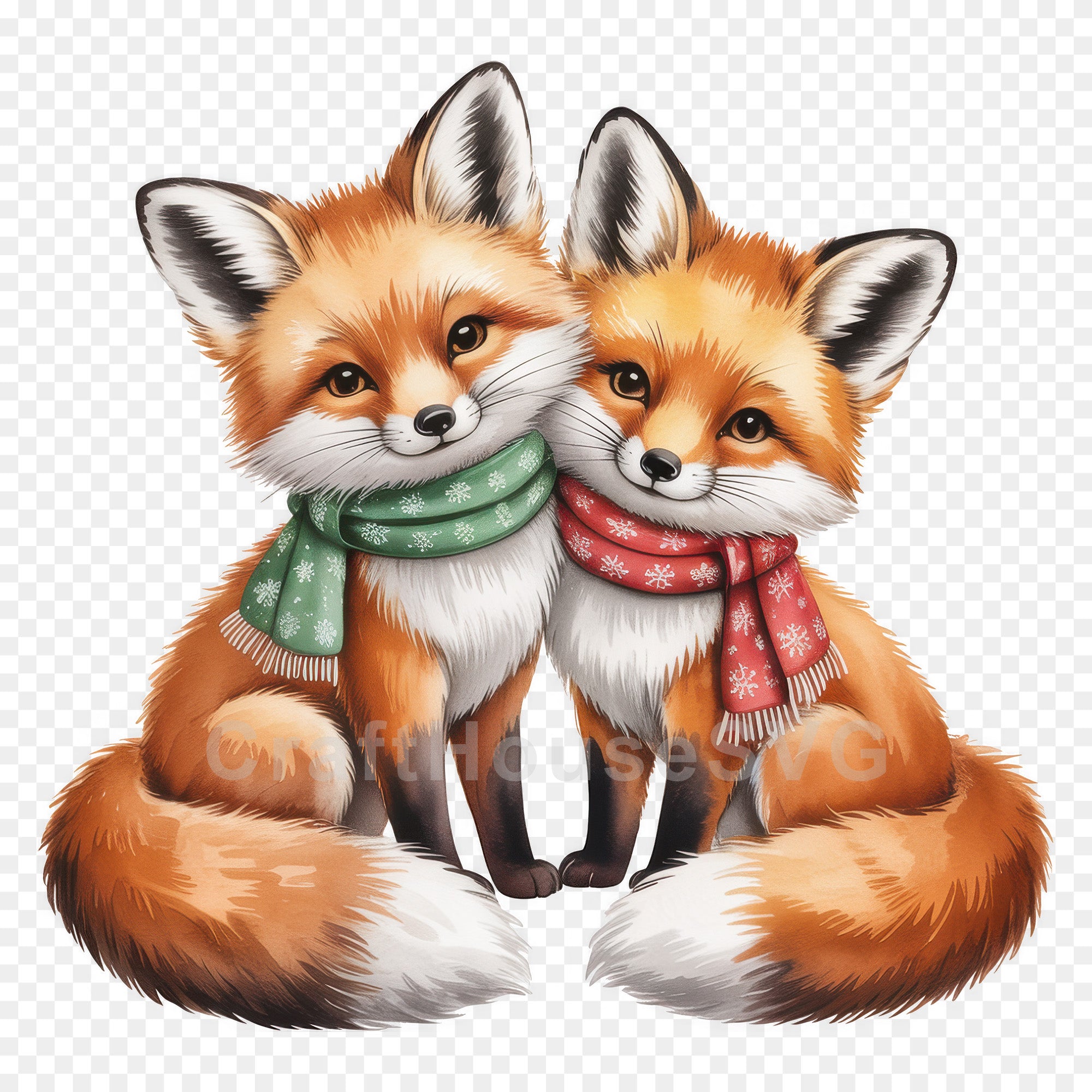 Cute Little Fox Friends Christmas PNG Clip Art Sublimation