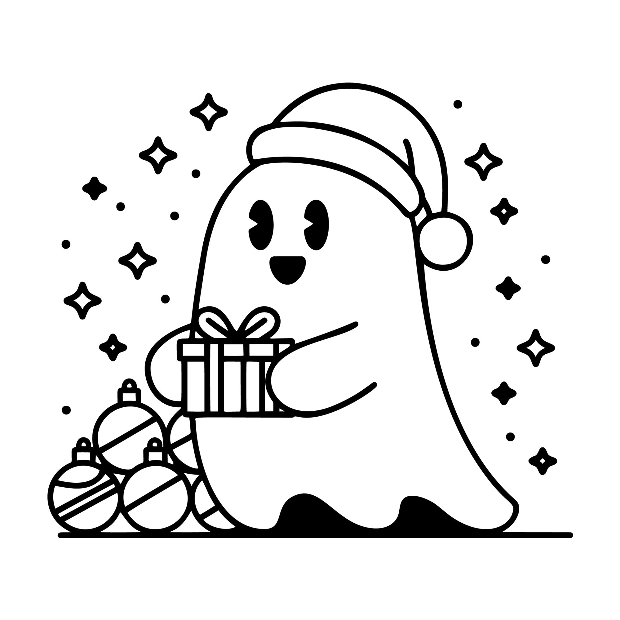 Cute Christmas Ghost Gift Box and Ornaments SVG design for Cricut, Silhouette, laser cutting, vinyl, sublimation, and craft projects.
