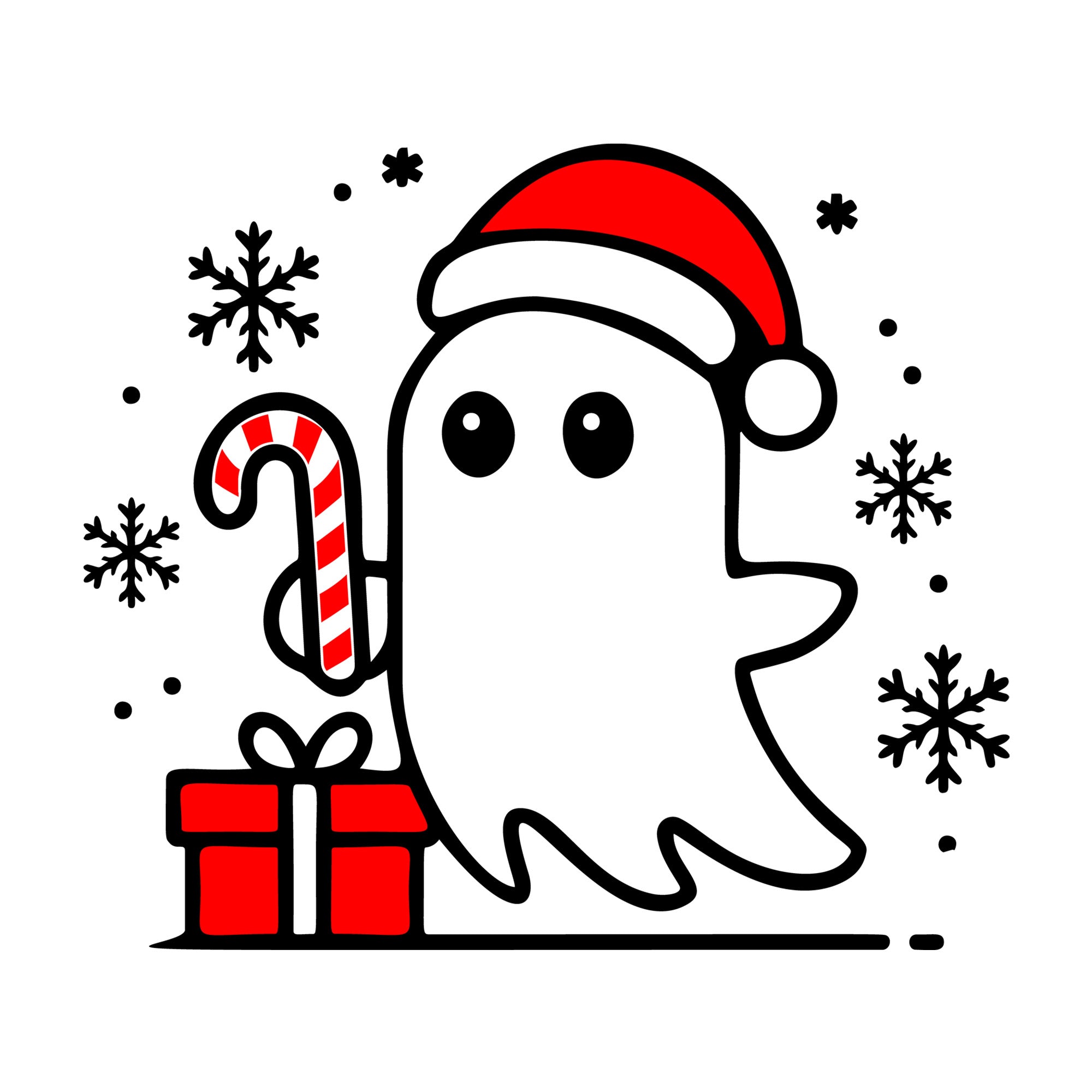 Cute Christmas Ghost Holding Candy Cane SVG design for Cricut, Silhouette, laser cutting, vinyl, sublimation, and craft projects.