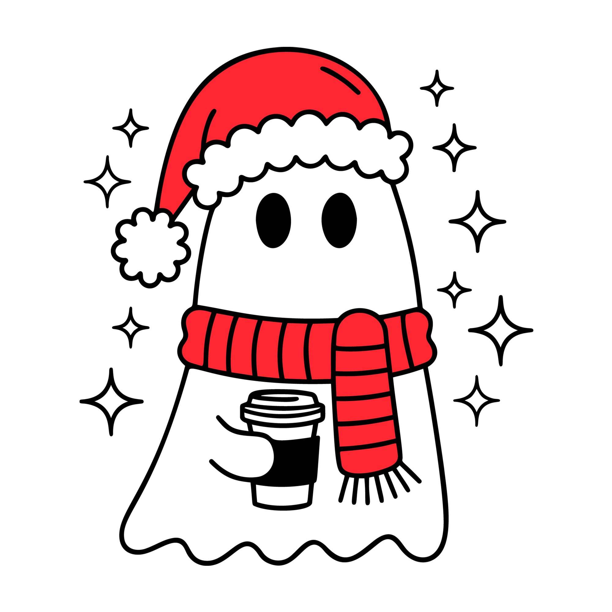 Cute Christmas Ghost Holding Coffee SVG design for Cricut, Silhouette, laser cutting, vinyl, sublimation, and craft projects.