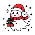 Cute Christmas Ghost Holding Gift SVG design for Cricut, Silhouette, laser cutting, vinyl, sublimation, and craft projects.