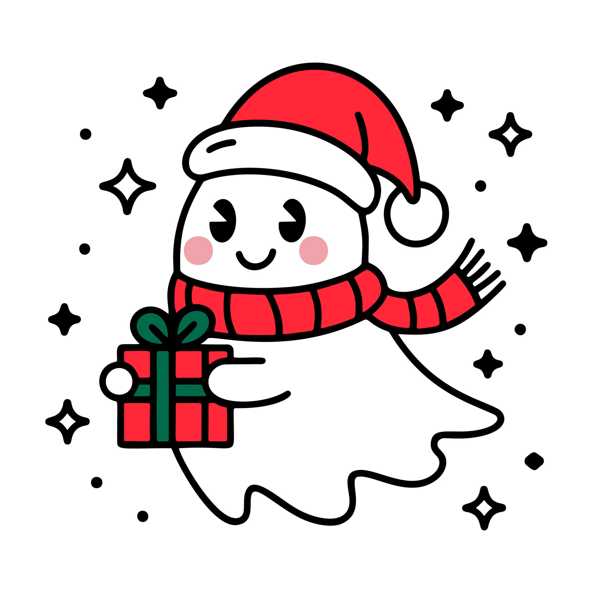 Cute Christmas Ghost Holding Gift SVG design for Cricut, Silhouette, laser cutting, vinyl, sublimation, and craft projects.