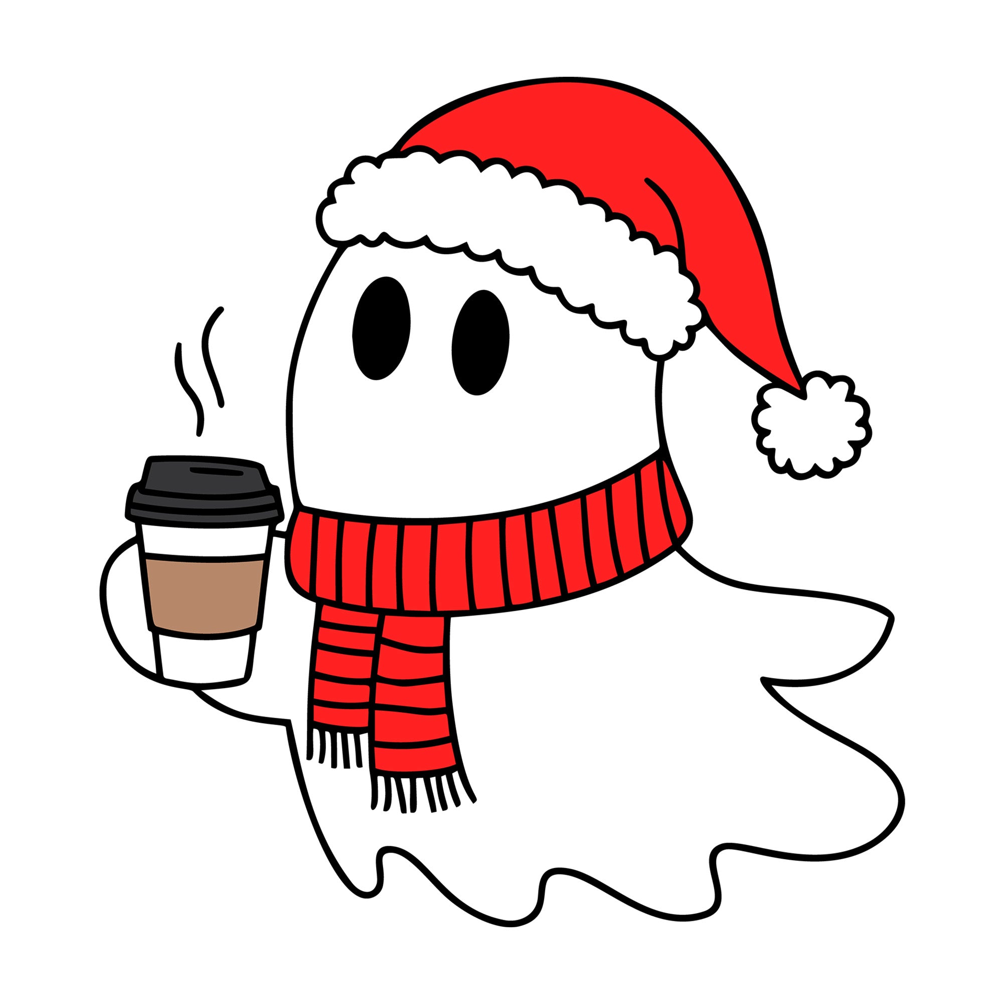 Cute Christmas Ghost Holding Hot Coffee SVG design for Cricut, Silhouette, laser cutting, vinyl, sublimation, and craft projects.
