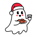 Cute Christmas Ghost Holding Milk and Cookies SVG design for Cricut, Silhouette, laser cutting, vinyl, sublimation, and craft projects.