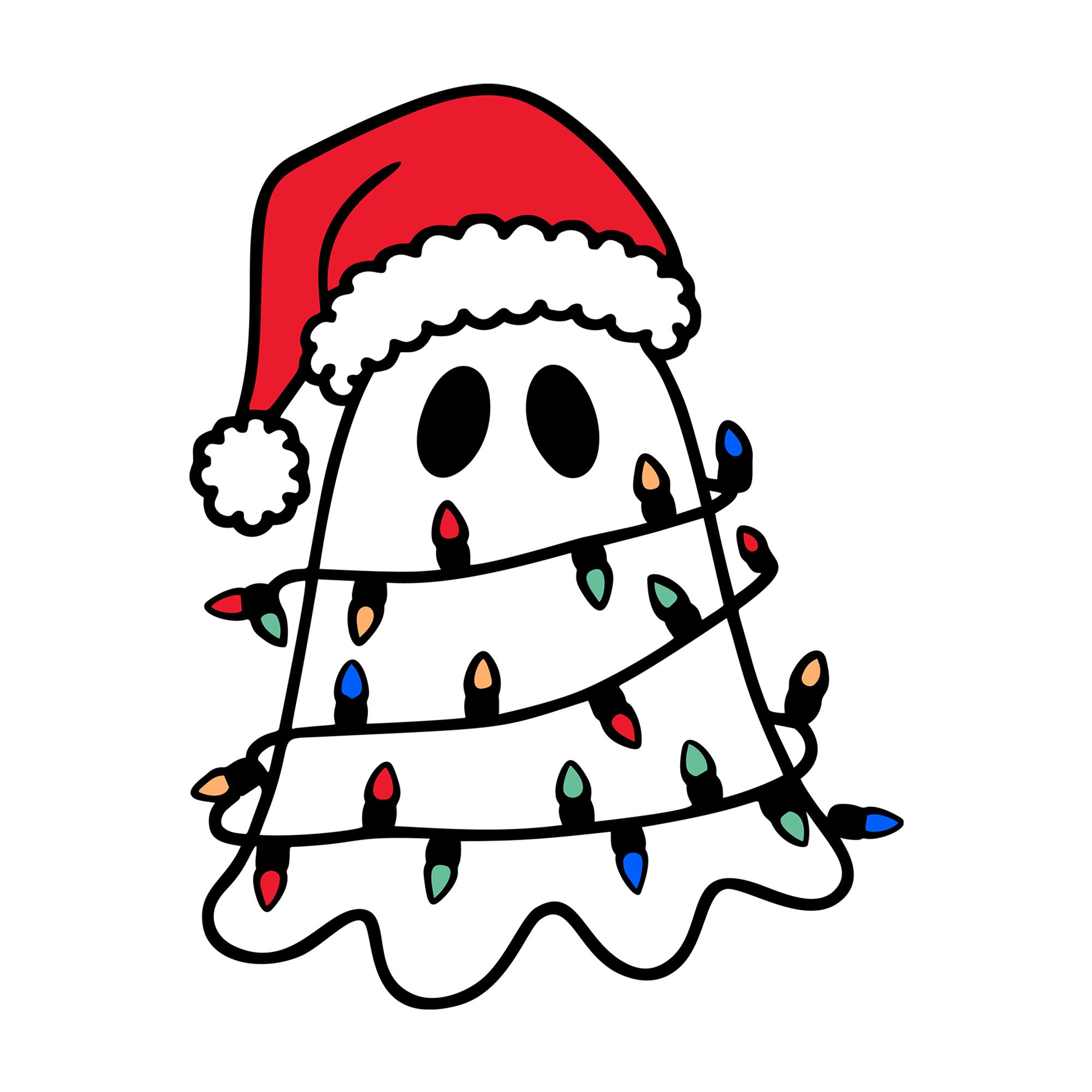 Cute Christmas Ghost Wrapped in Christmas Lights SVG design for Cricut, Silhouette, laser cutting, vinyl, sublimation, and craft projects.