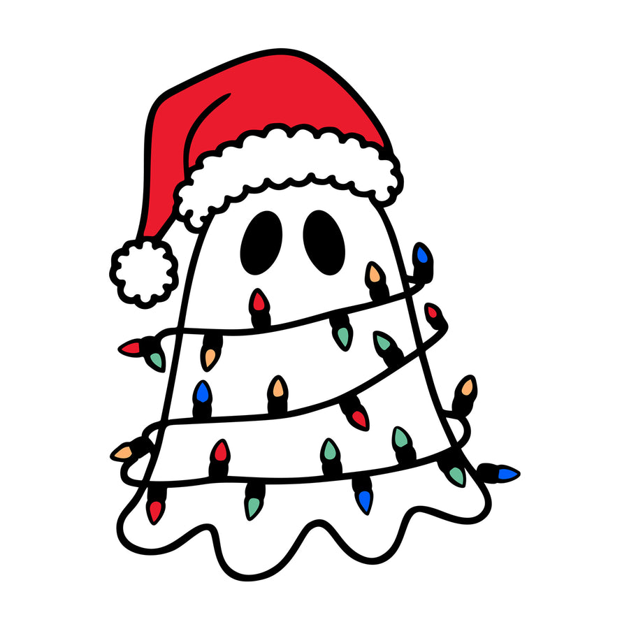 Cute Christmas Ghost Wrapped in Christmas Lights SVG design for Cricut, Silhouette, laser cutting, vinyl, sublimation, and craft projects.