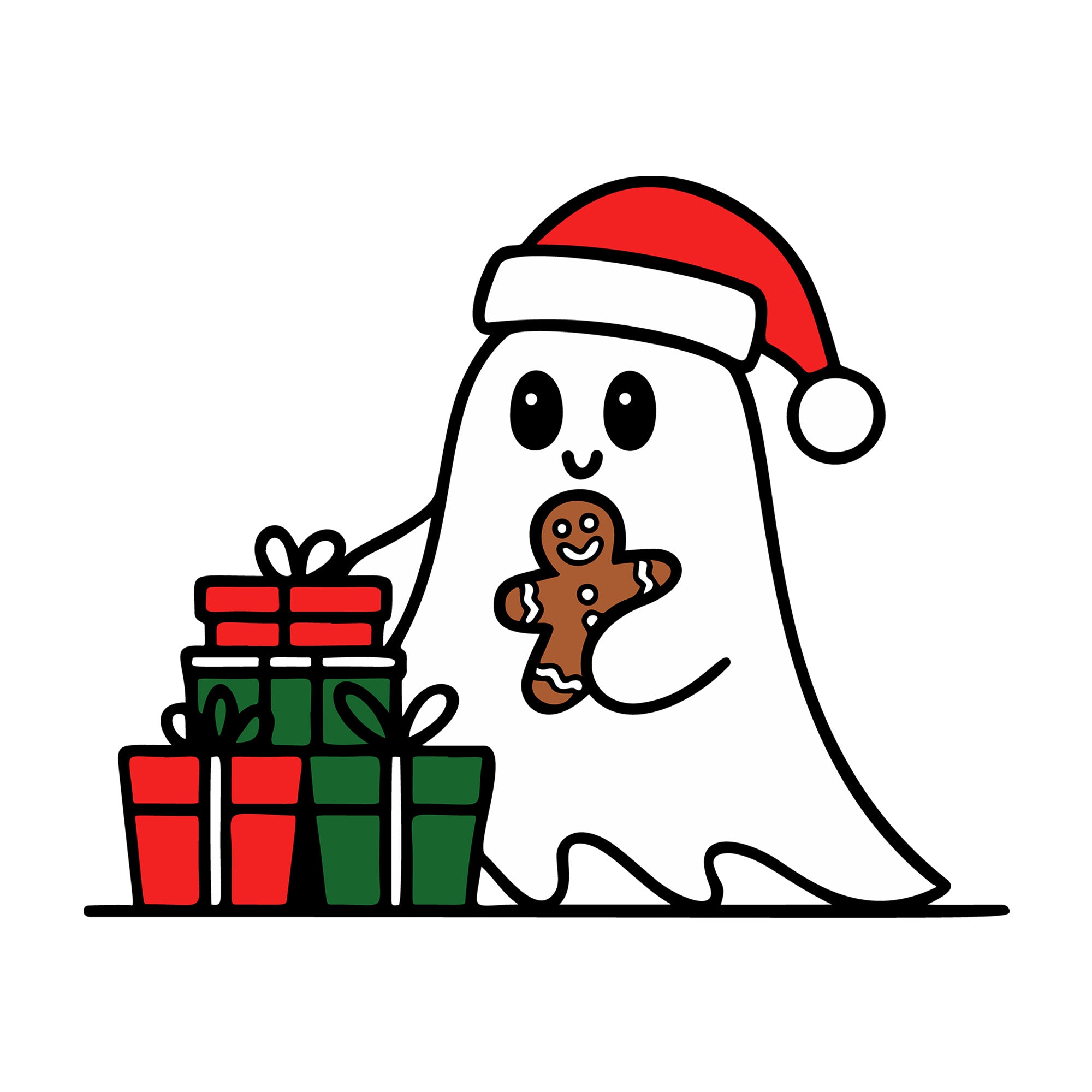 Cute Christmas Ghost with Gingerbread Man SVG design for Cricut, Silhouette, laser cutting, vinyl, sublimation, and craft projects.