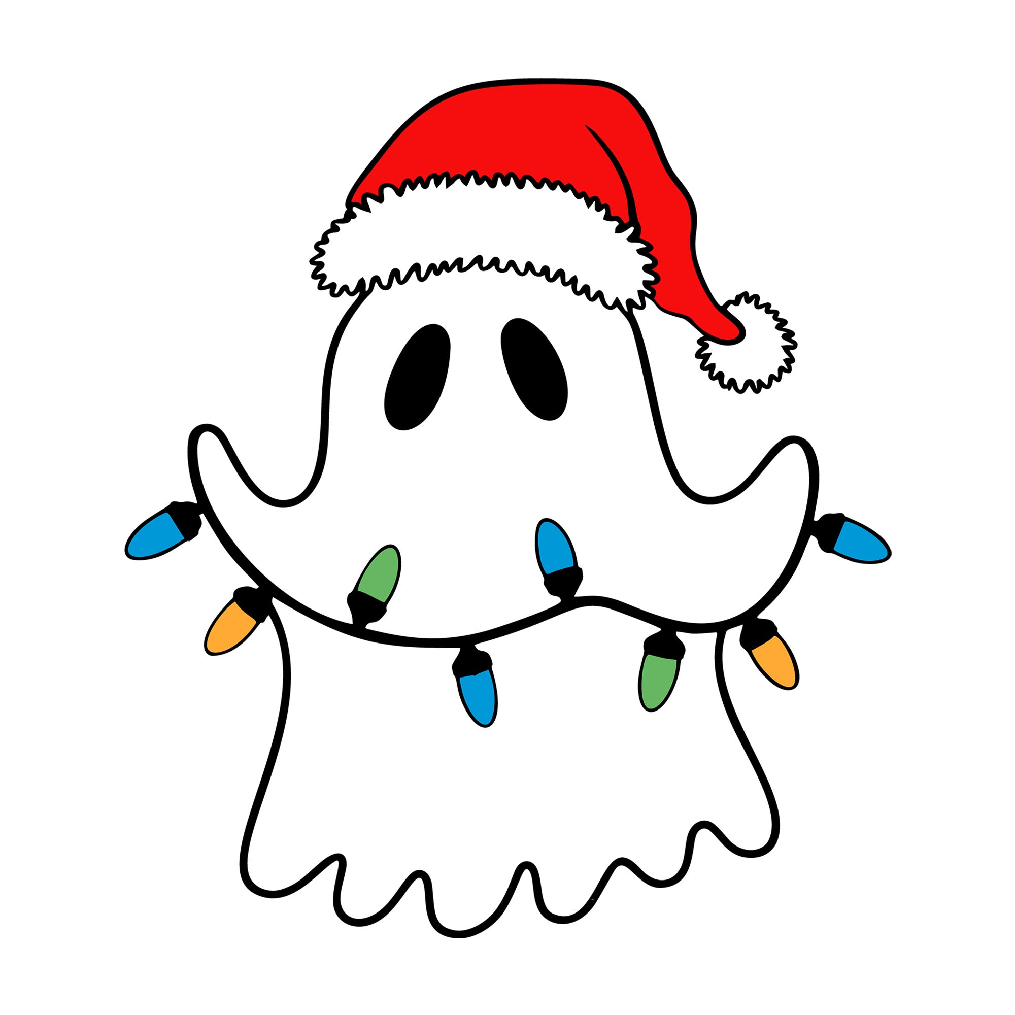 Cute Ghost Holding Christmas Lights SVG design for Cricut, Silhouette, laser cutting, vinyl, sublimation, and craft projects.