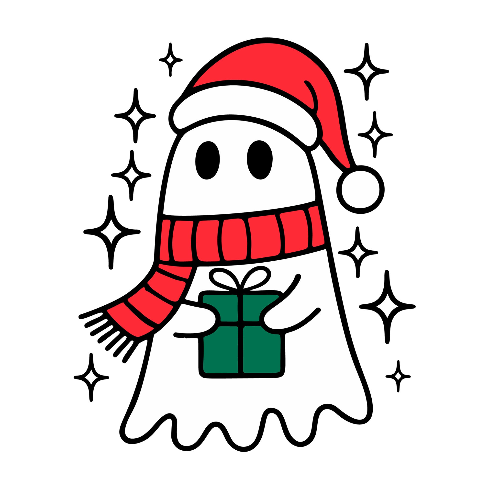 Cute Ghost Holding Christmas Present SVG design for Cricut, Silhouette, laser cutting, vinyl, sublimation, and craft projects.