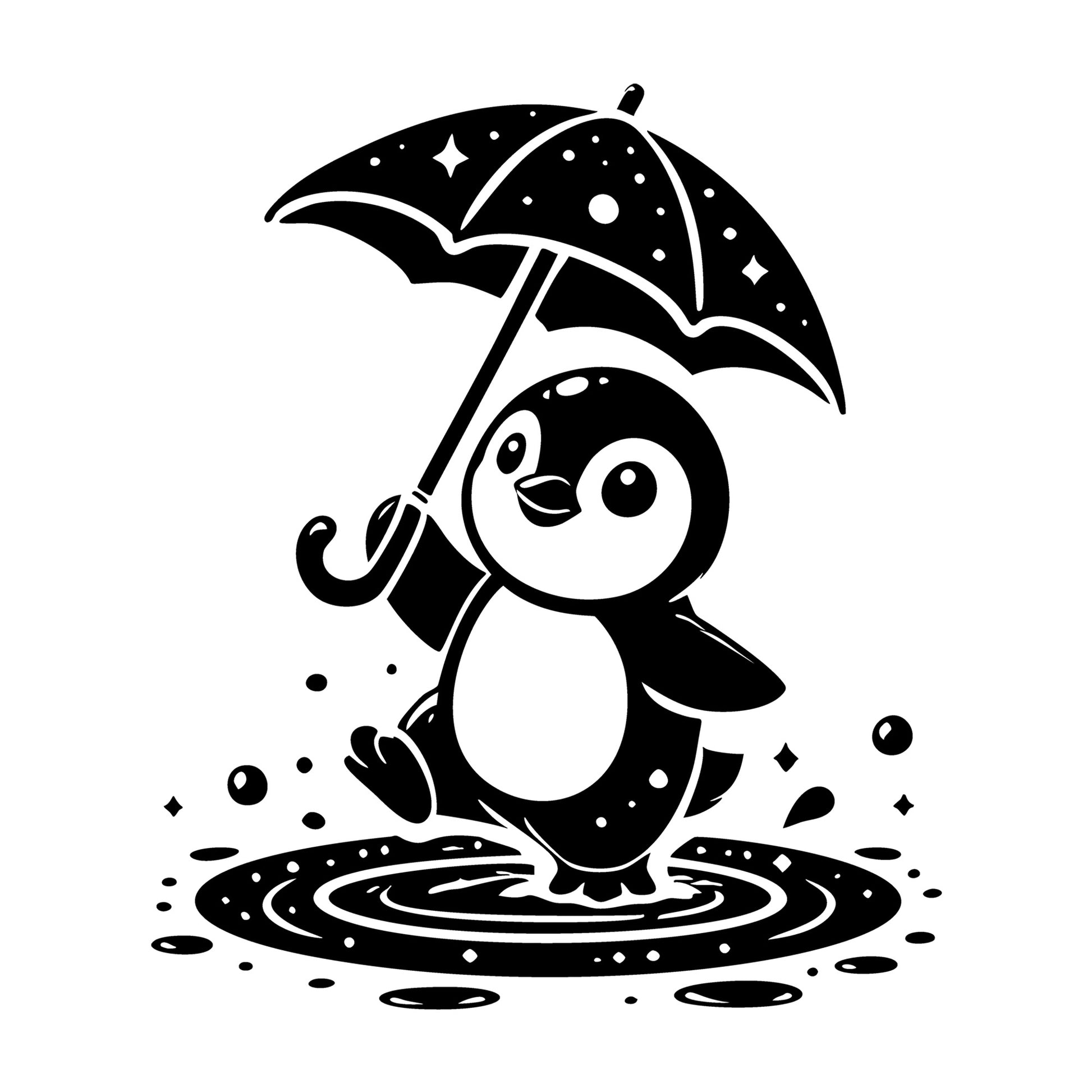 Cute Penguin Dancing in the Rain with Umbrella SVG design for Cricut, Silhouette, laser cutting, vinyl, sublimation, and craft projects.