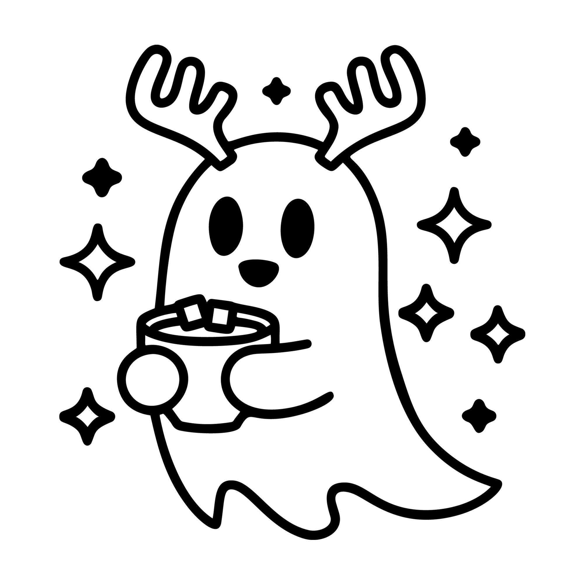 Cute Reindeer Ghost Hot Chocolate SVG design for Cricut, Silhouette, laser cutting, vinyl, sublimation, and craft projects.