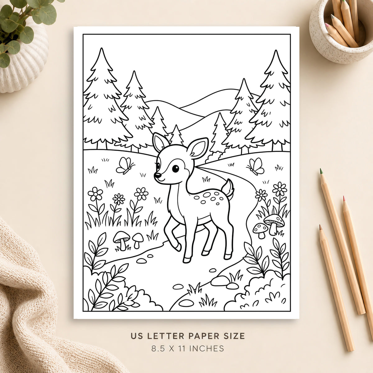 Baby deer in a forest with flowers, mushrooms, and trees — coloring page