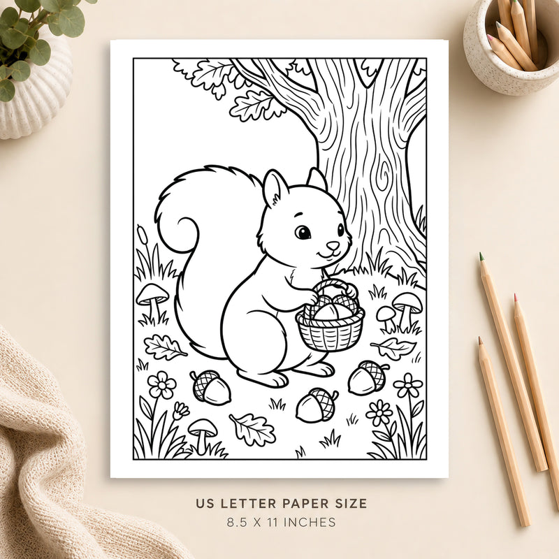 Woodland Squirrel Coloring Page – PDF Printable