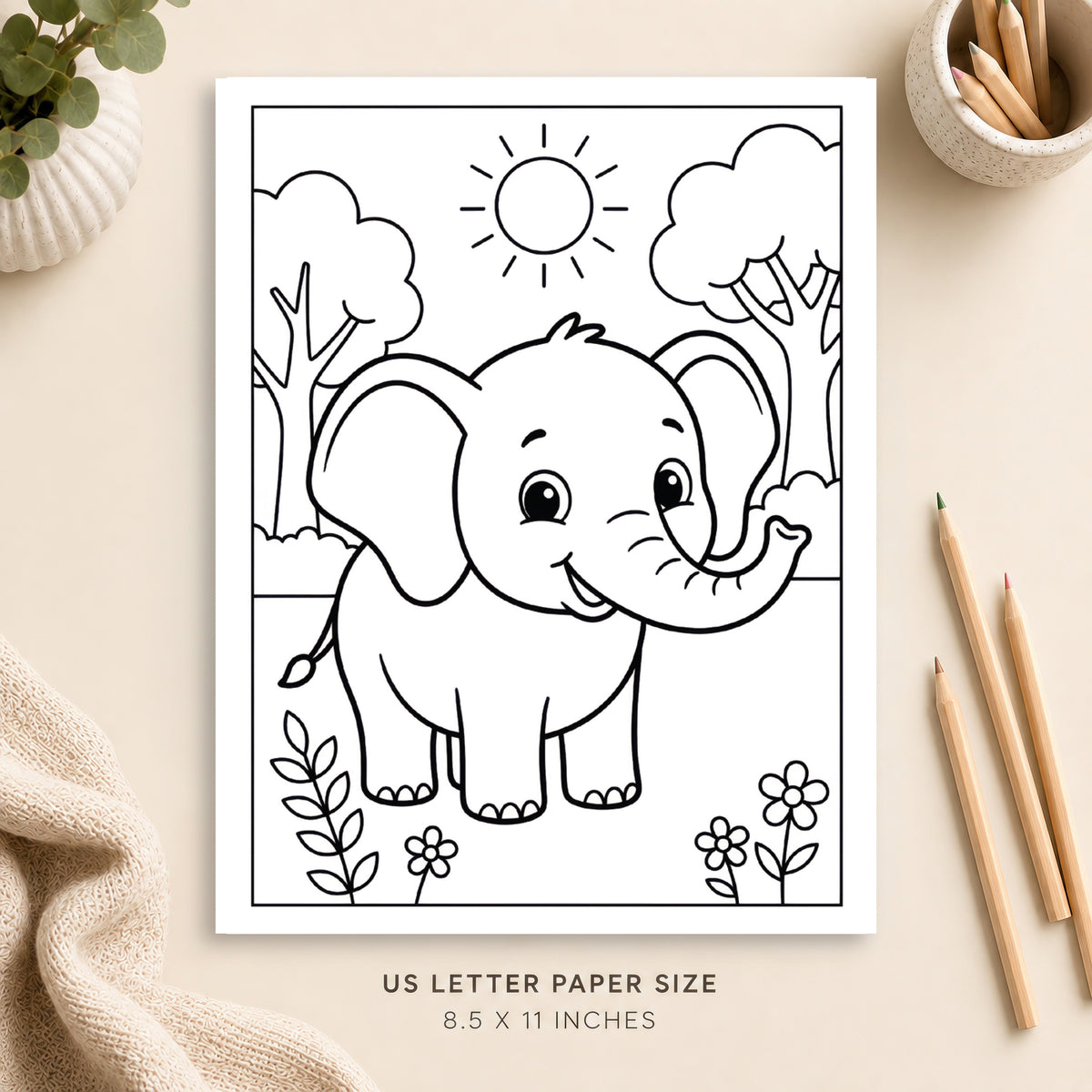 Cute Elephant Coloring Page 2