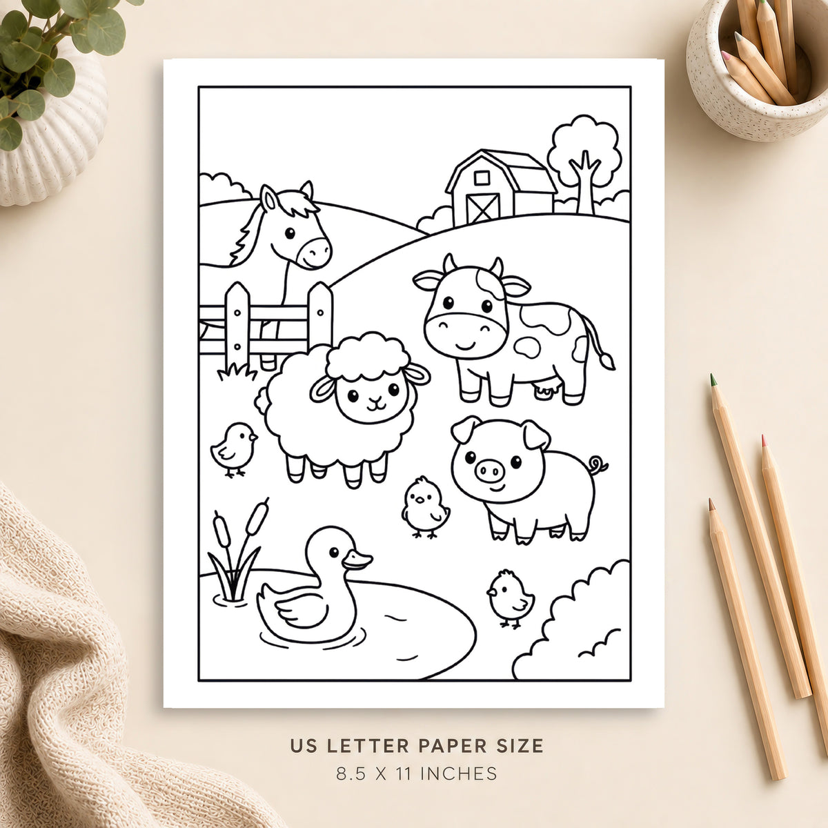 Cute Farm Animals Coloring Page 1
