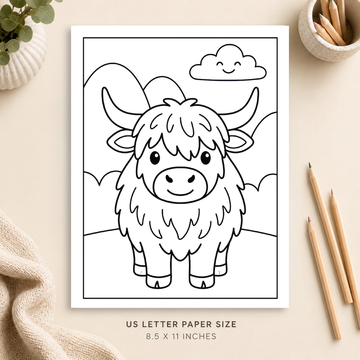 Cute Highland Cow Coloring Page 1