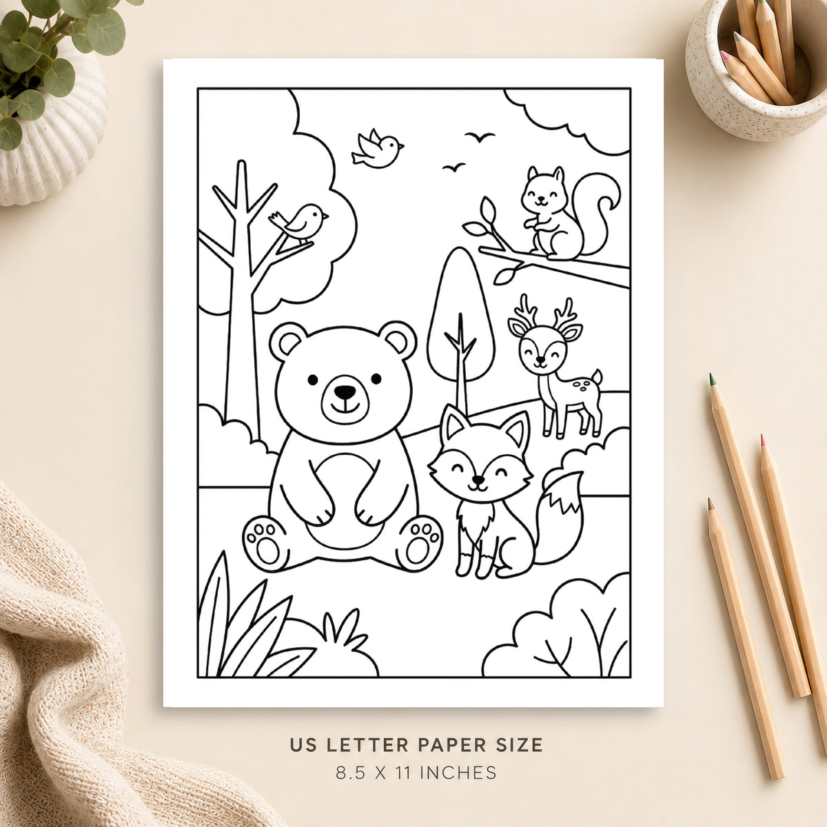 Cute Woodland Animals Coloring Page 1