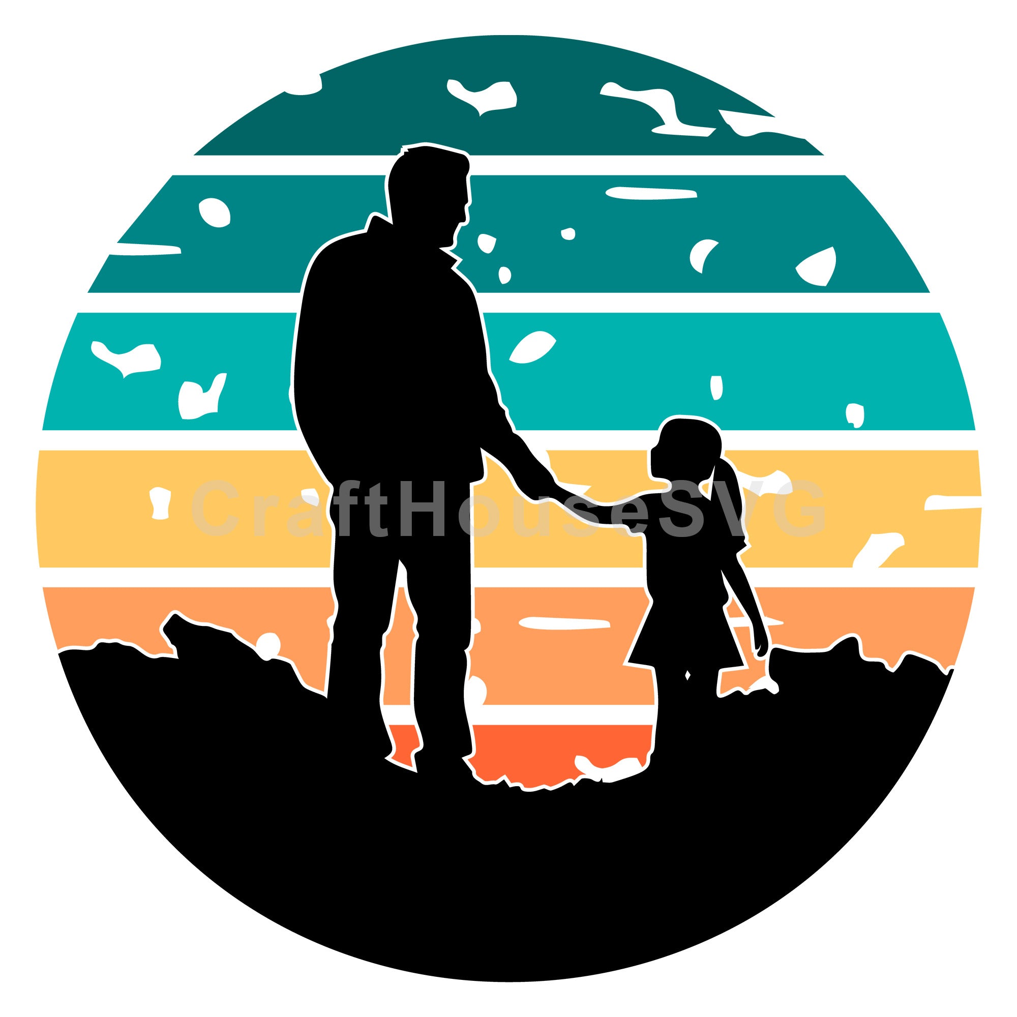 Sunset Dad And Daughter Silhouette SVG