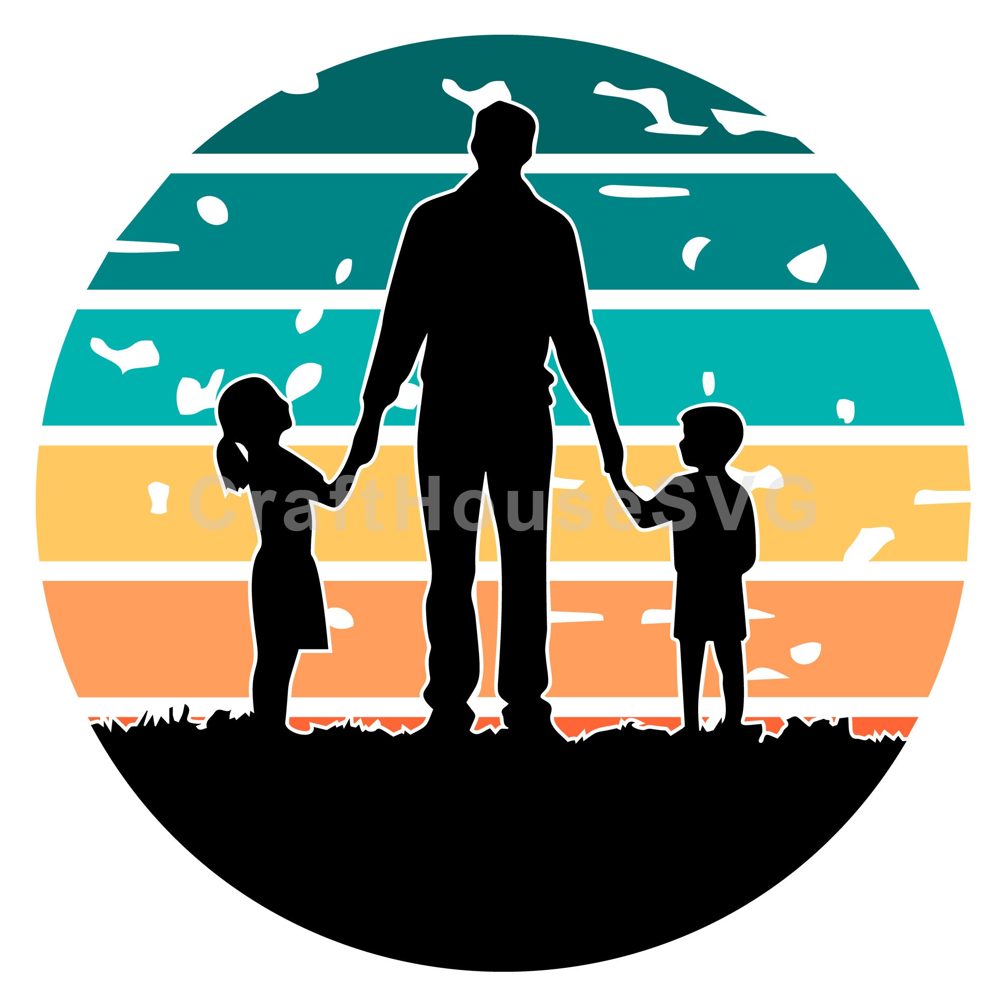 Dad And Kids Silhouette Sunset SVG