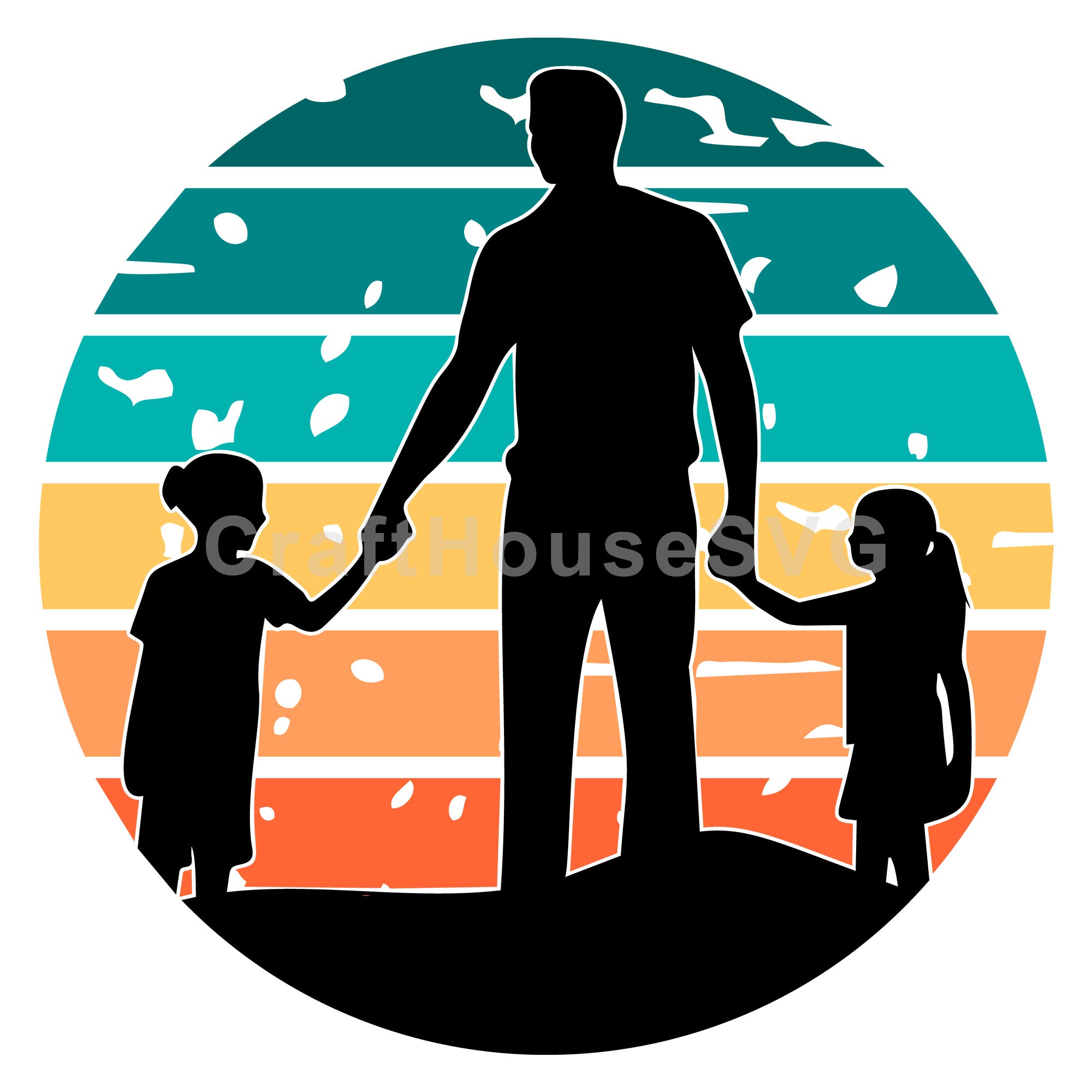 Dad And Kids Sunset Silhouette SVG