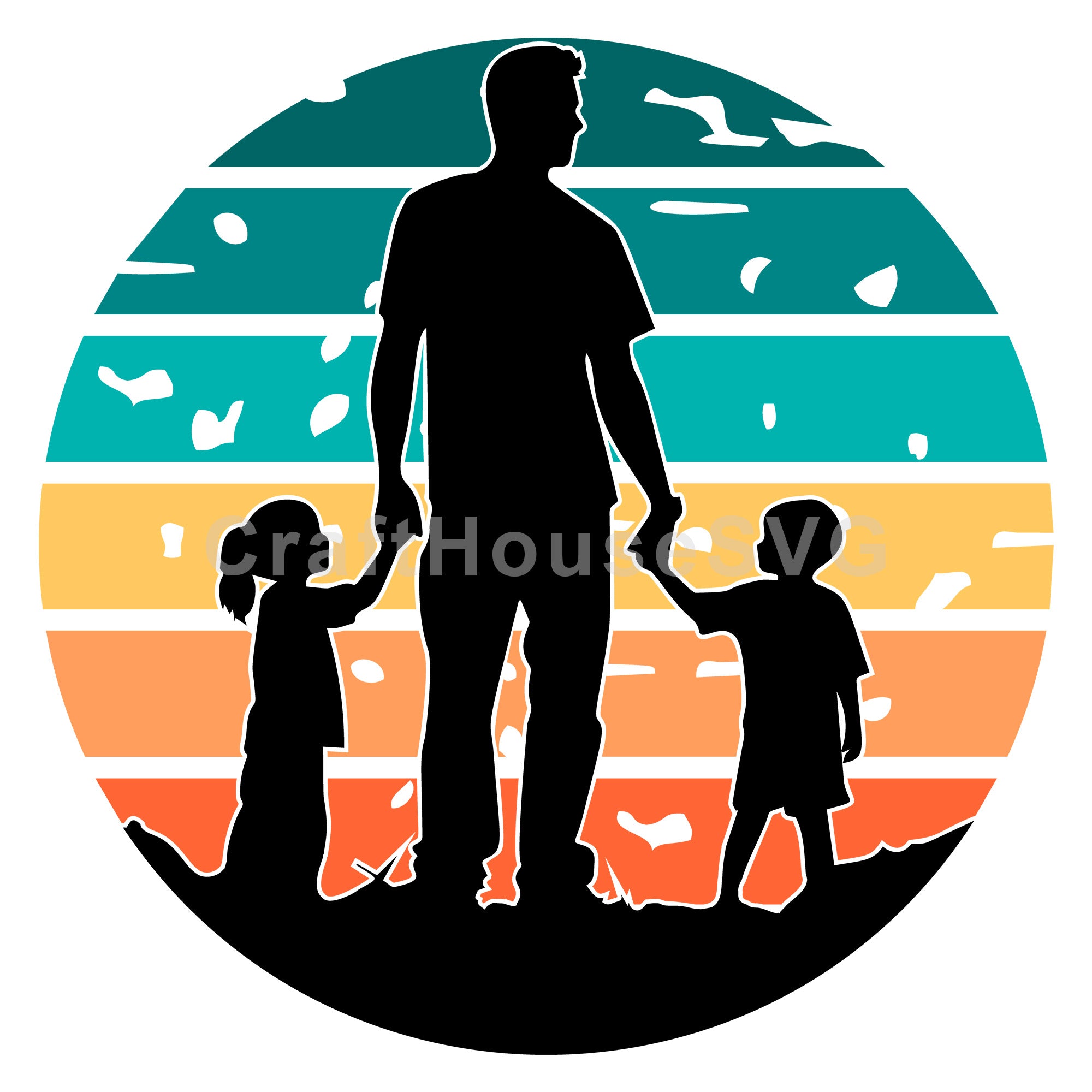 Sunset Dad And Kids Silhouette Round SVG