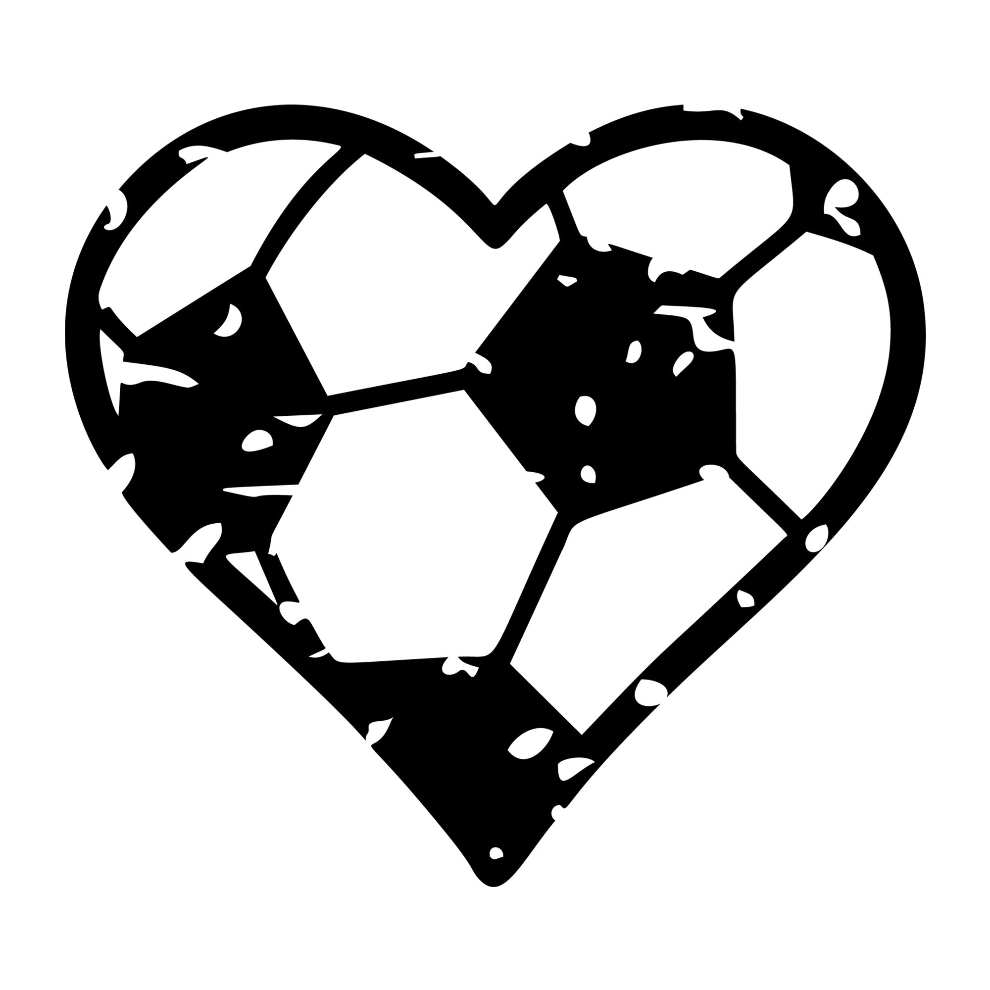 Distressed Soccer Ball Heart SVG design for Cricut, Silhouette, laser cutting, vinyl, sublimation, and sports craft projects.