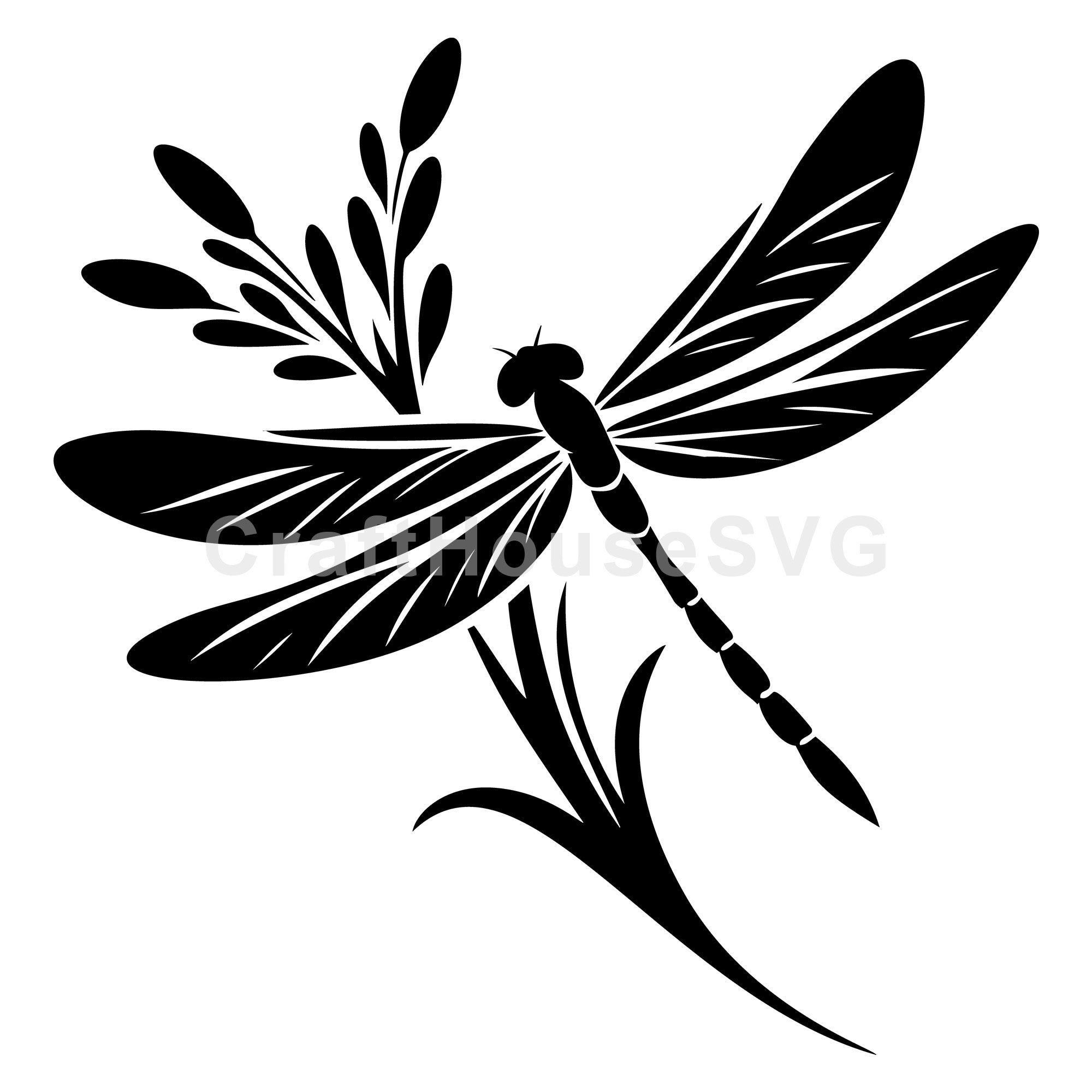 Decorative Dragonfly Silhouette with Plant SVG