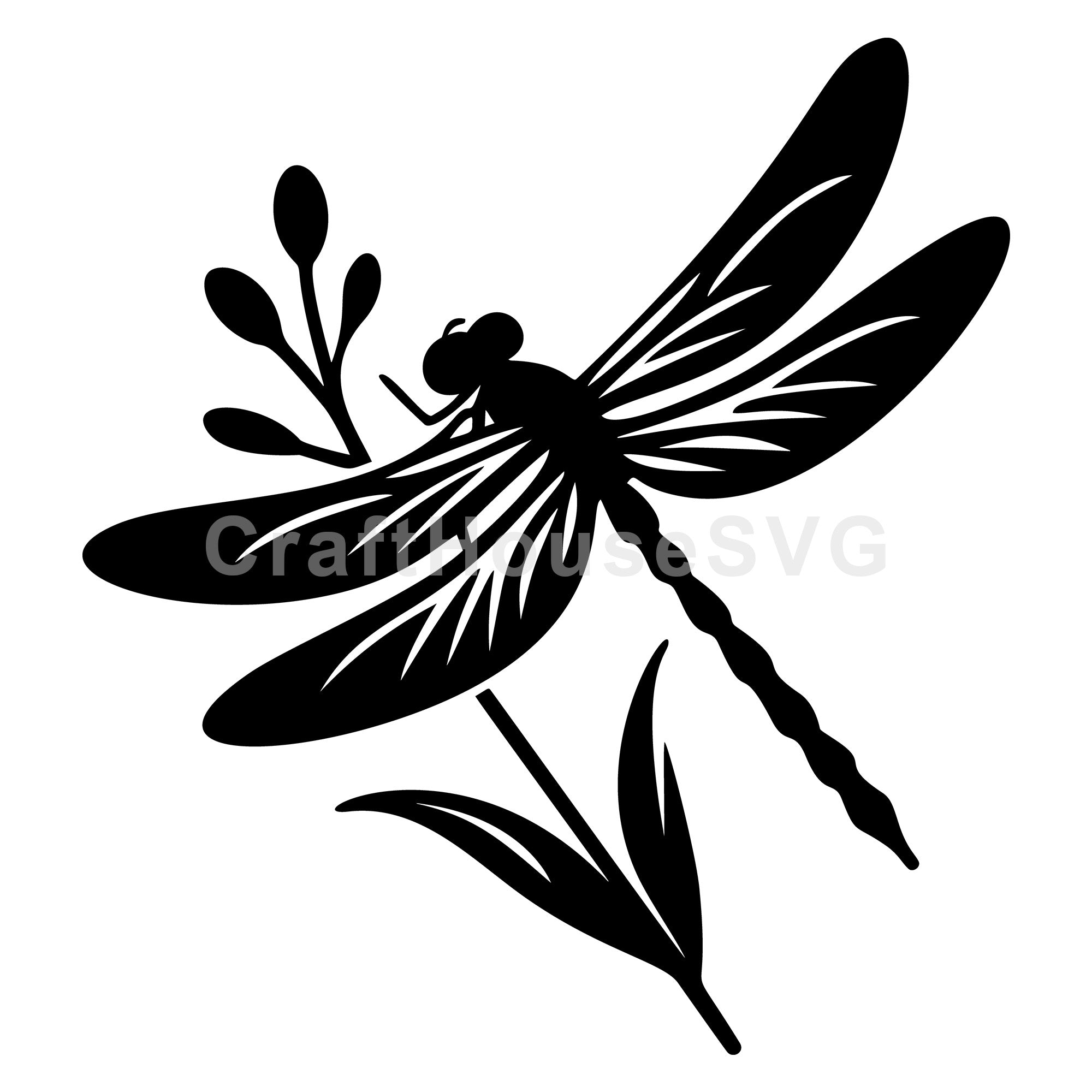 Artistic Dragonfly Silhouette with Leaves SVG